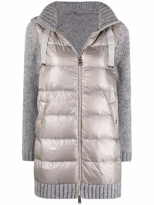 contrast-panel hooded down coat