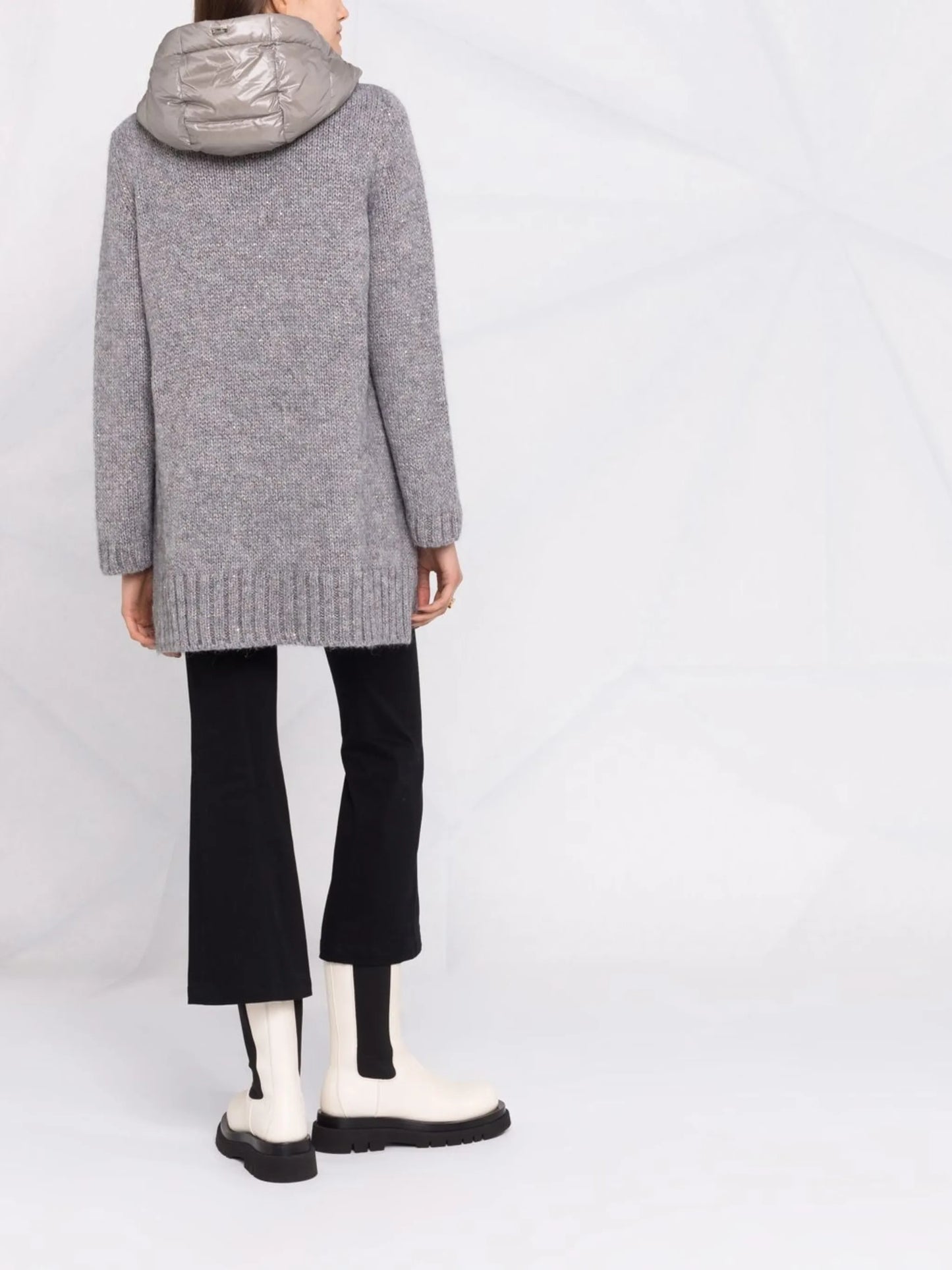 contrast-panel hooded down coat