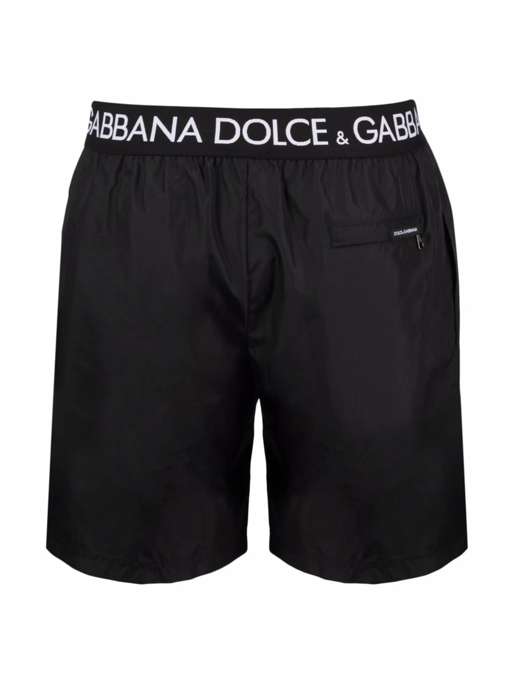 mid-length swim trunks with branded stretch waistband