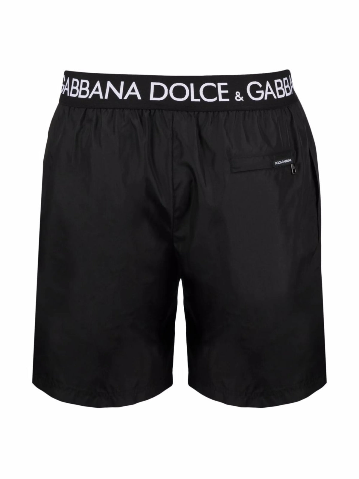 mid-length swim trunks with branded stretch waistband