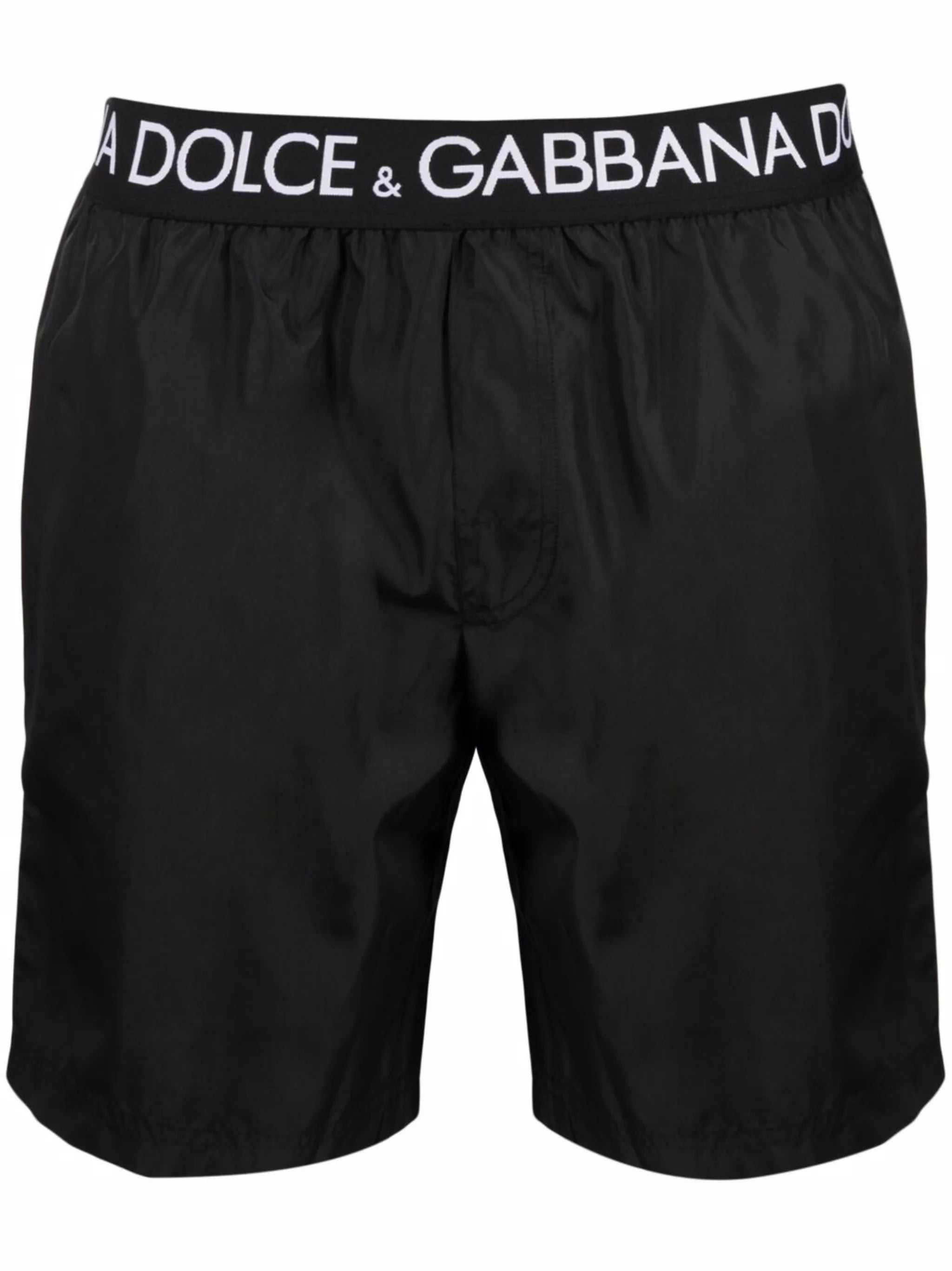 mid-length swim trunks with branded stretch waistband
