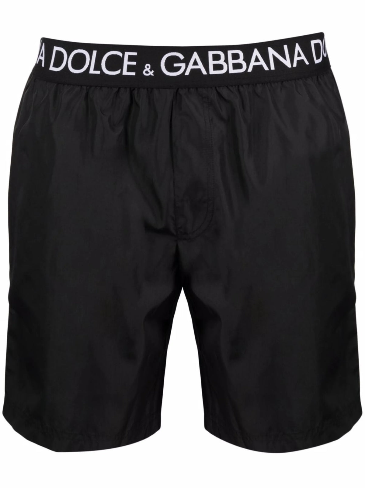 mid-length swim trunks with branded stretch waistband