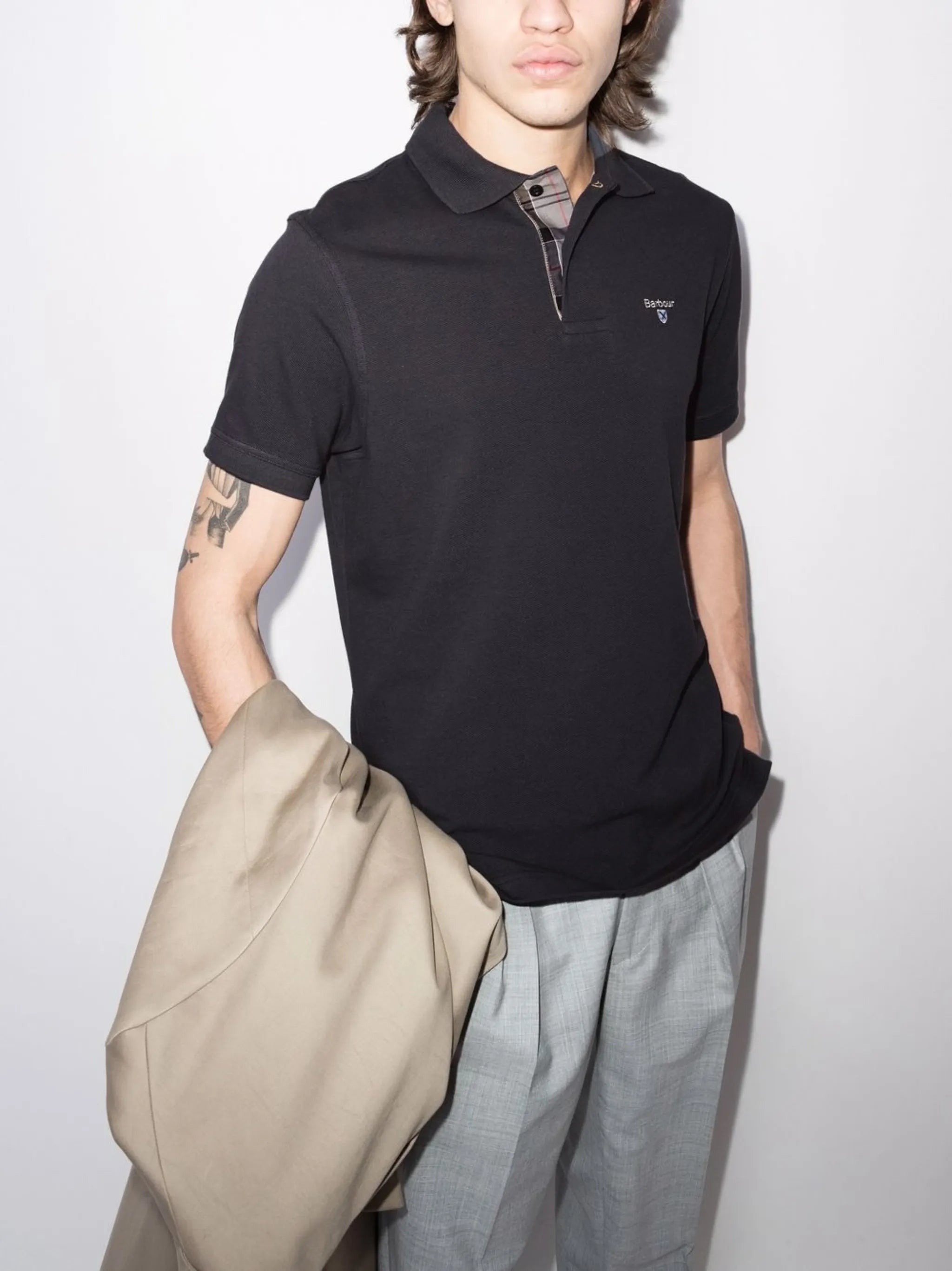 tartan trim short-sleeved polo shirt