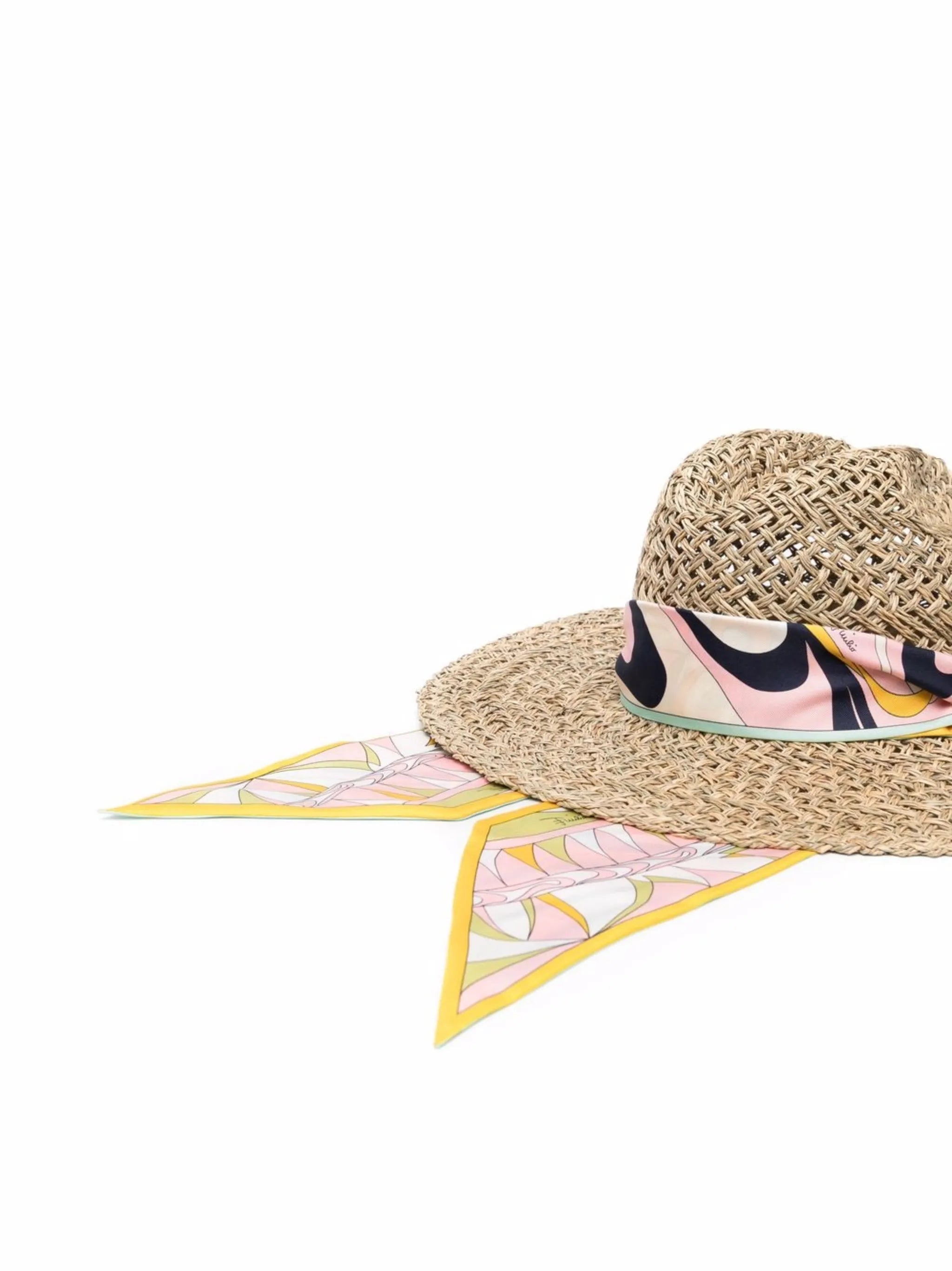 wide-brim pattern-stole straw hat
