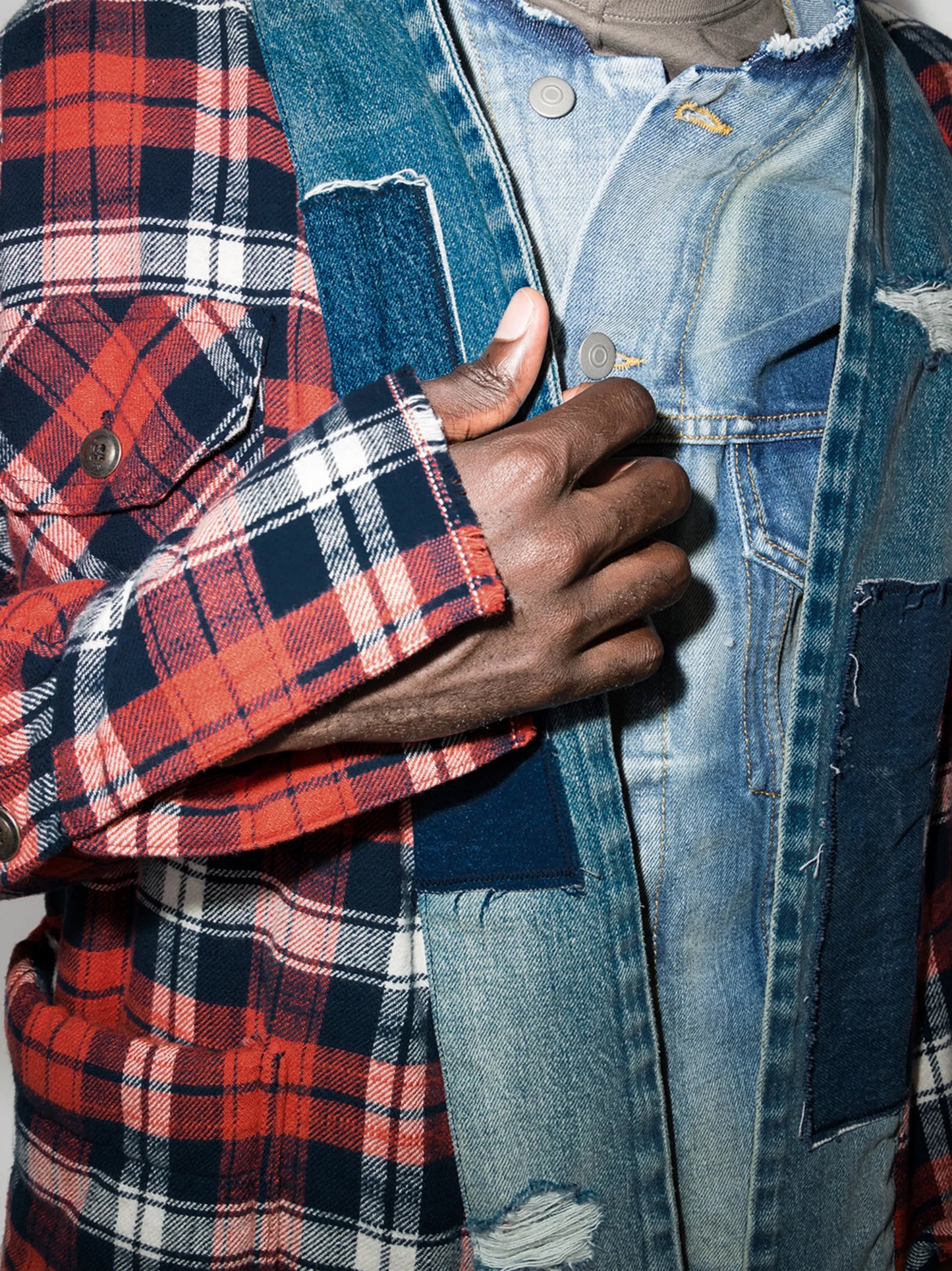 plaid flannel and denim cardigan