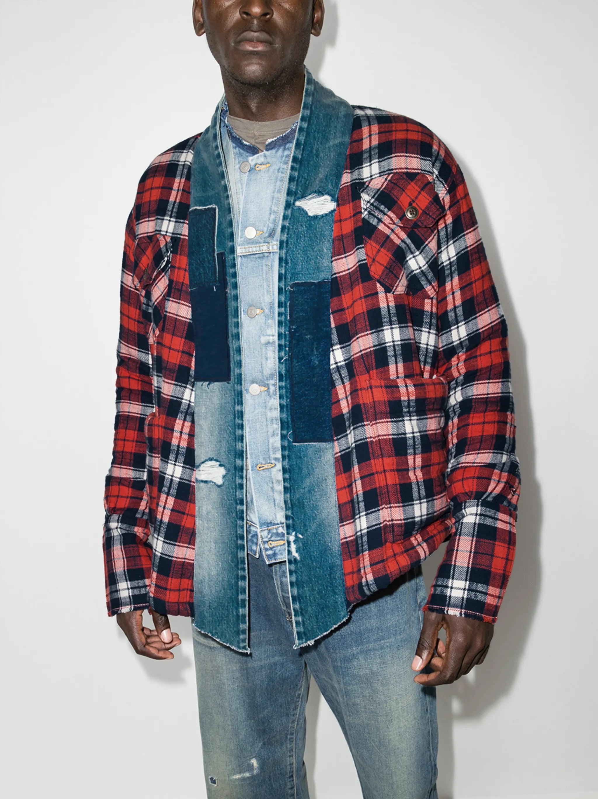 plaid flannel and denim cardigan