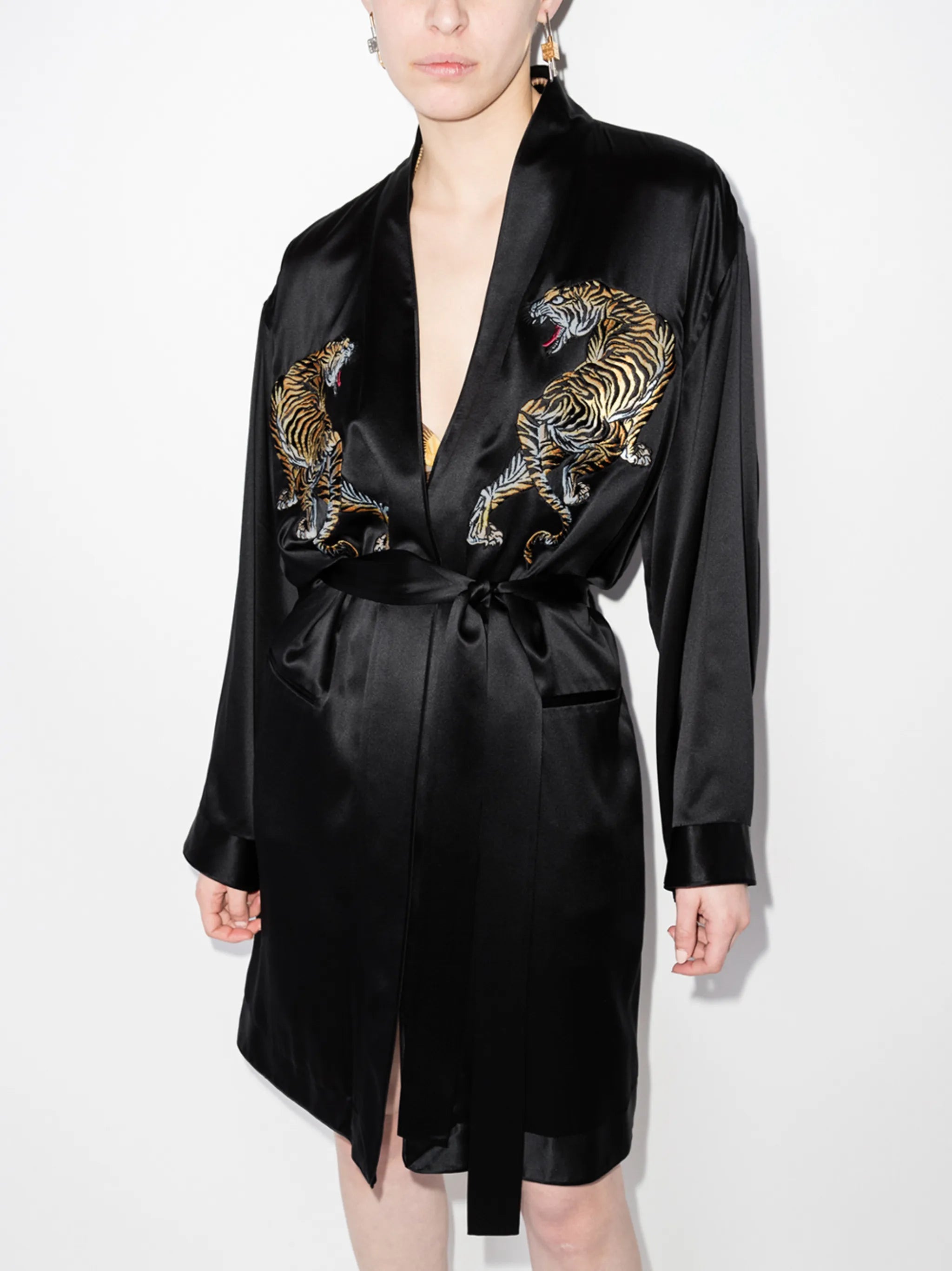 tiger-embroidered belted robe