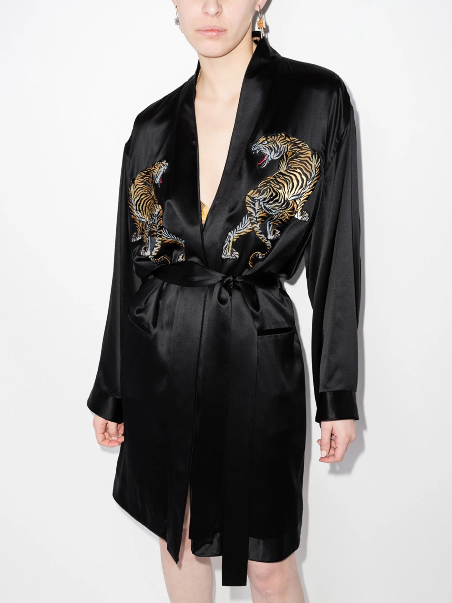 tiger-embroidered belted robe