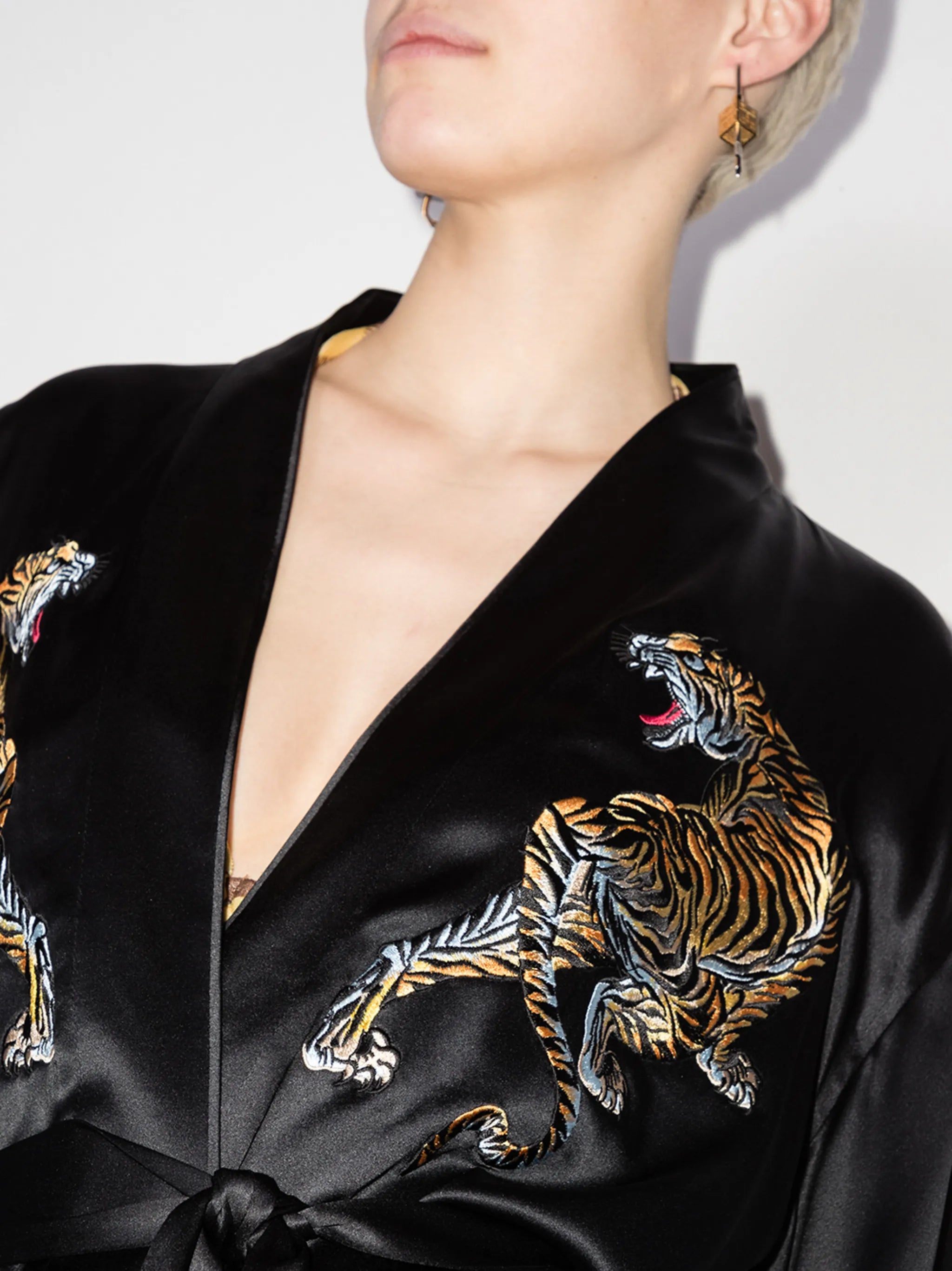 tiger-embroidered belted robe