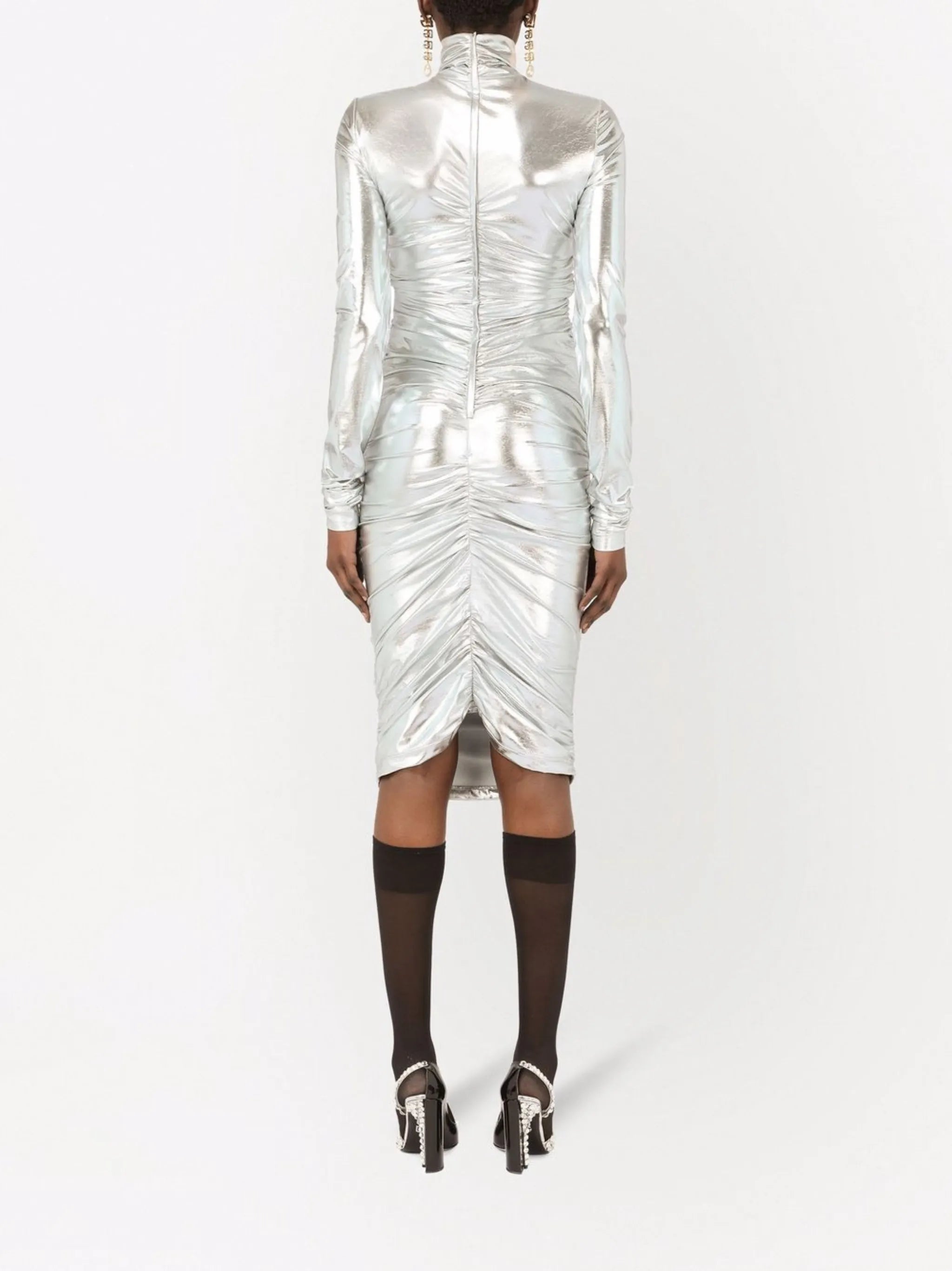 ruched metallic-effect dress