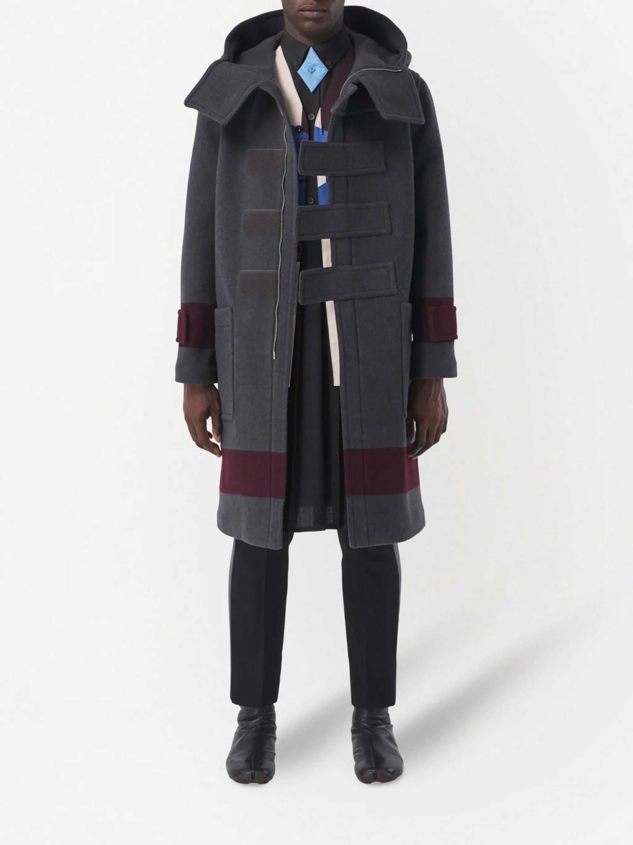 striped touch-strap duffle coat