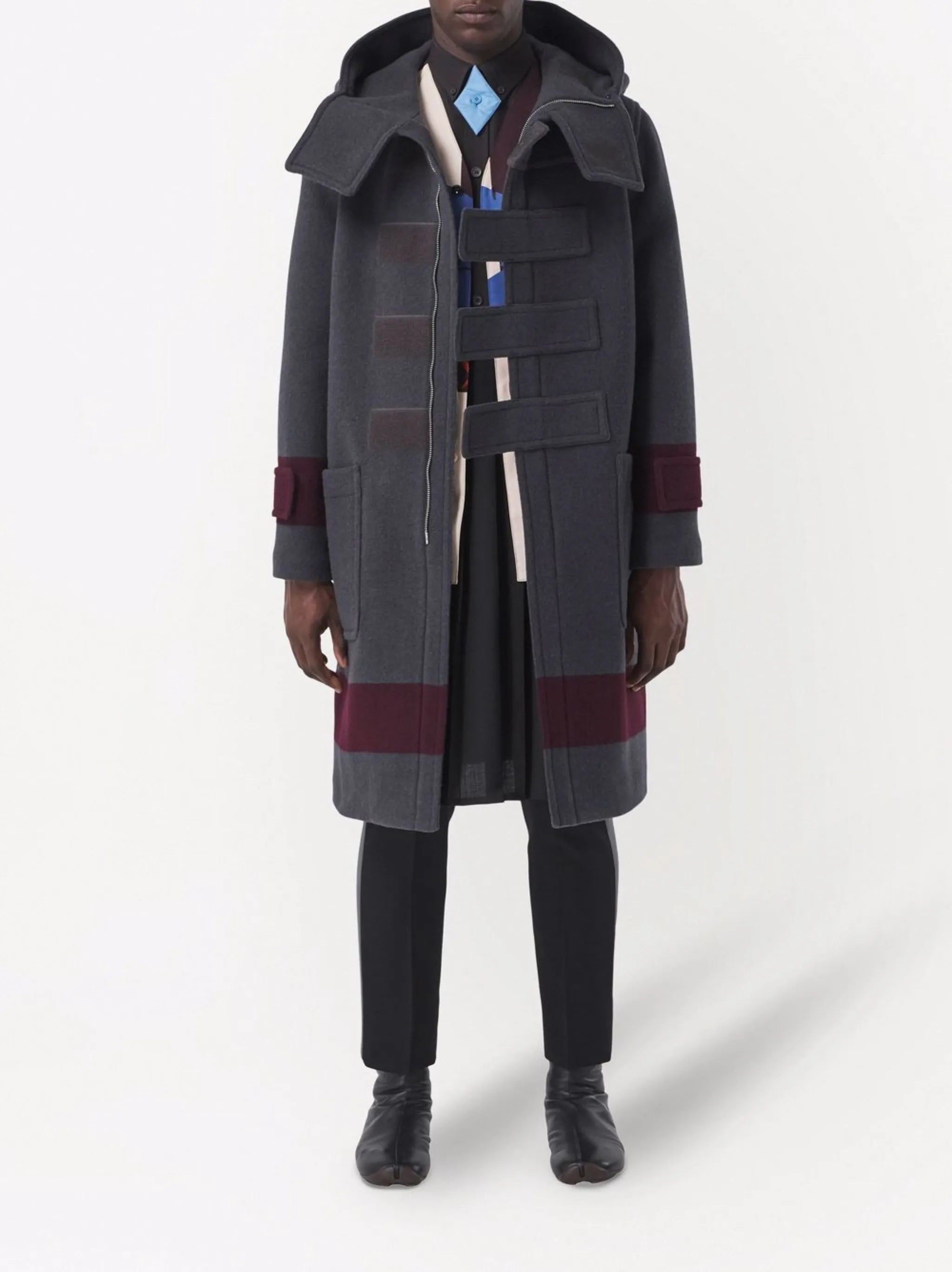 striped touch-strap duffle coat