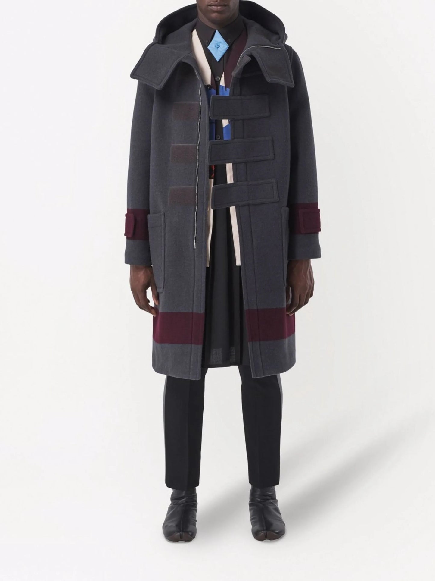 striped touch-strap duffle coat