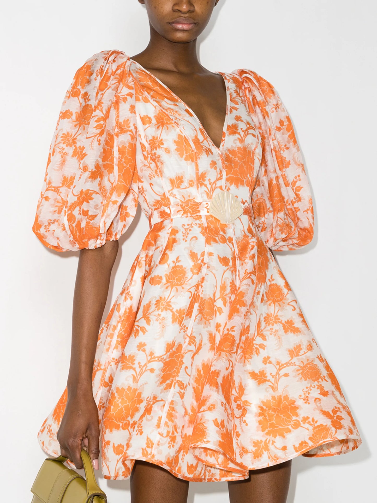 Postcard puff-sleeve flared mini dress