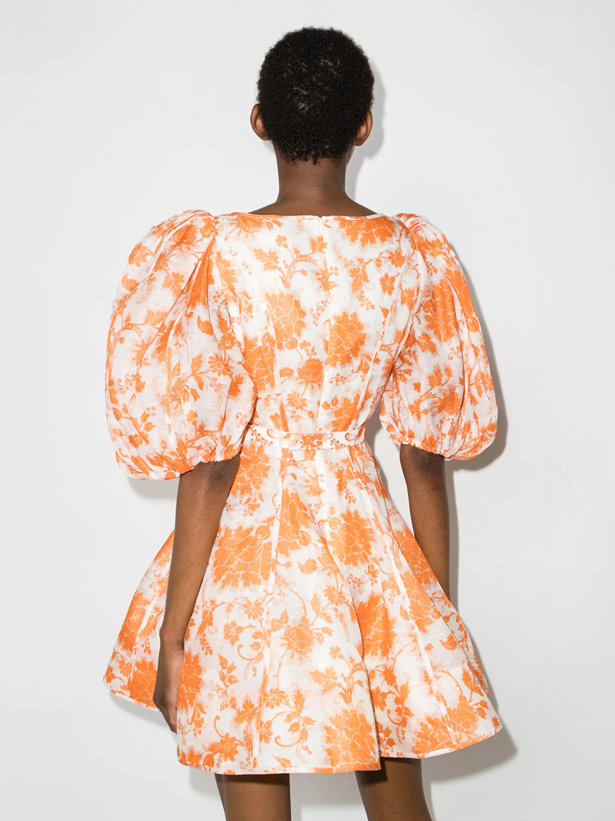 Postcard puff-sleeve flared mini dress