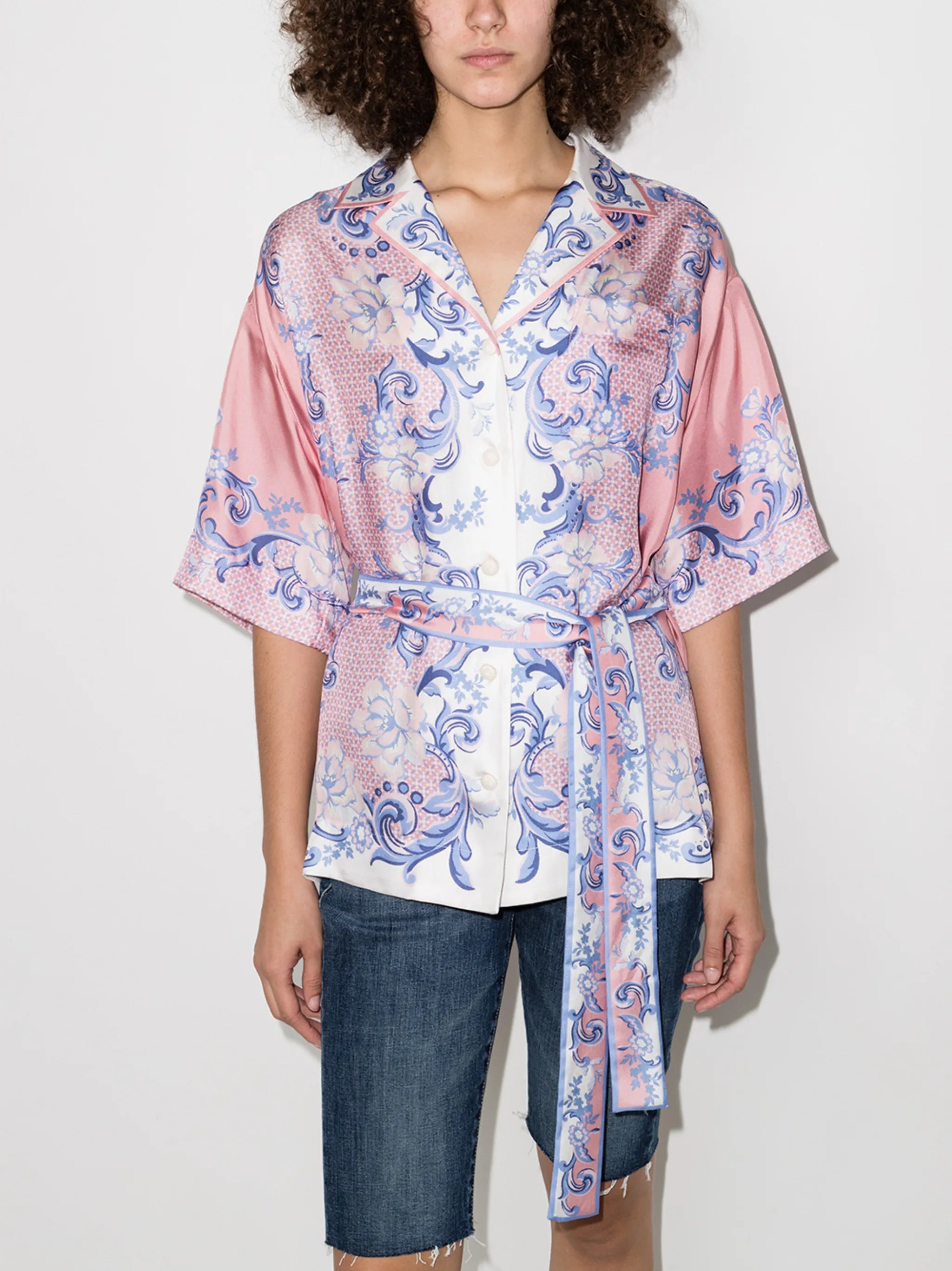 motif-print belted shirt