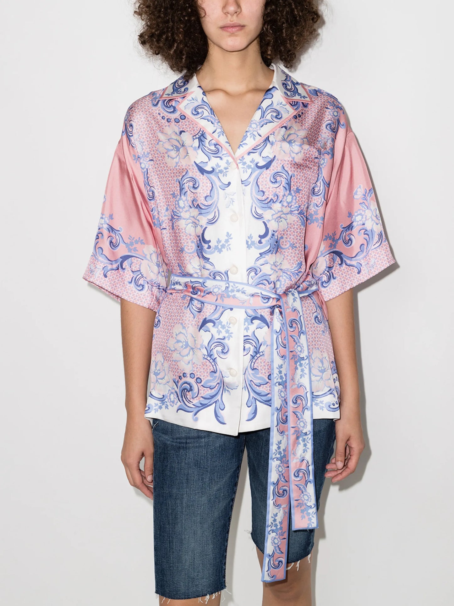 motif-print belted shirt