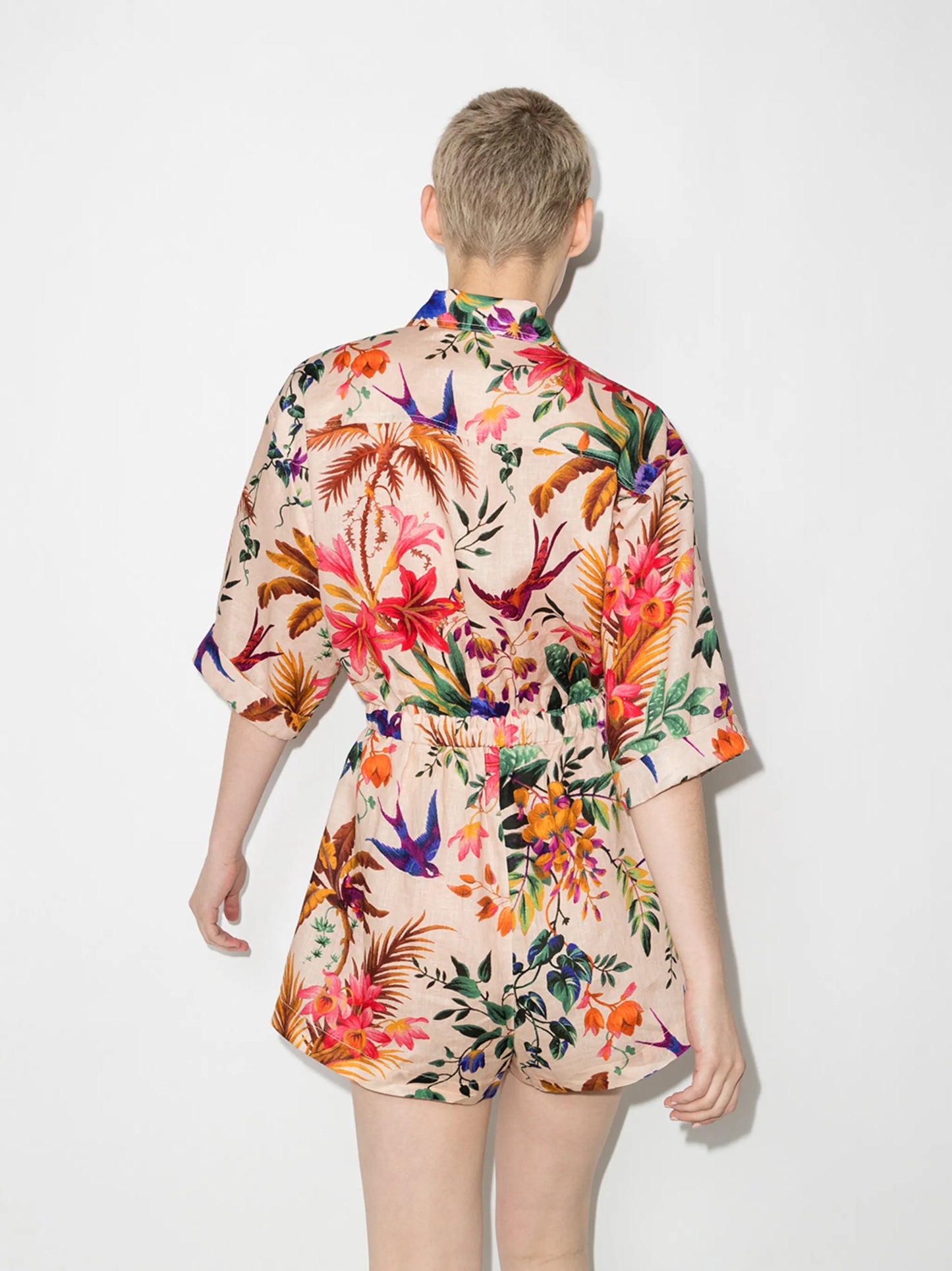 Tropicana floral-print linen playsuit