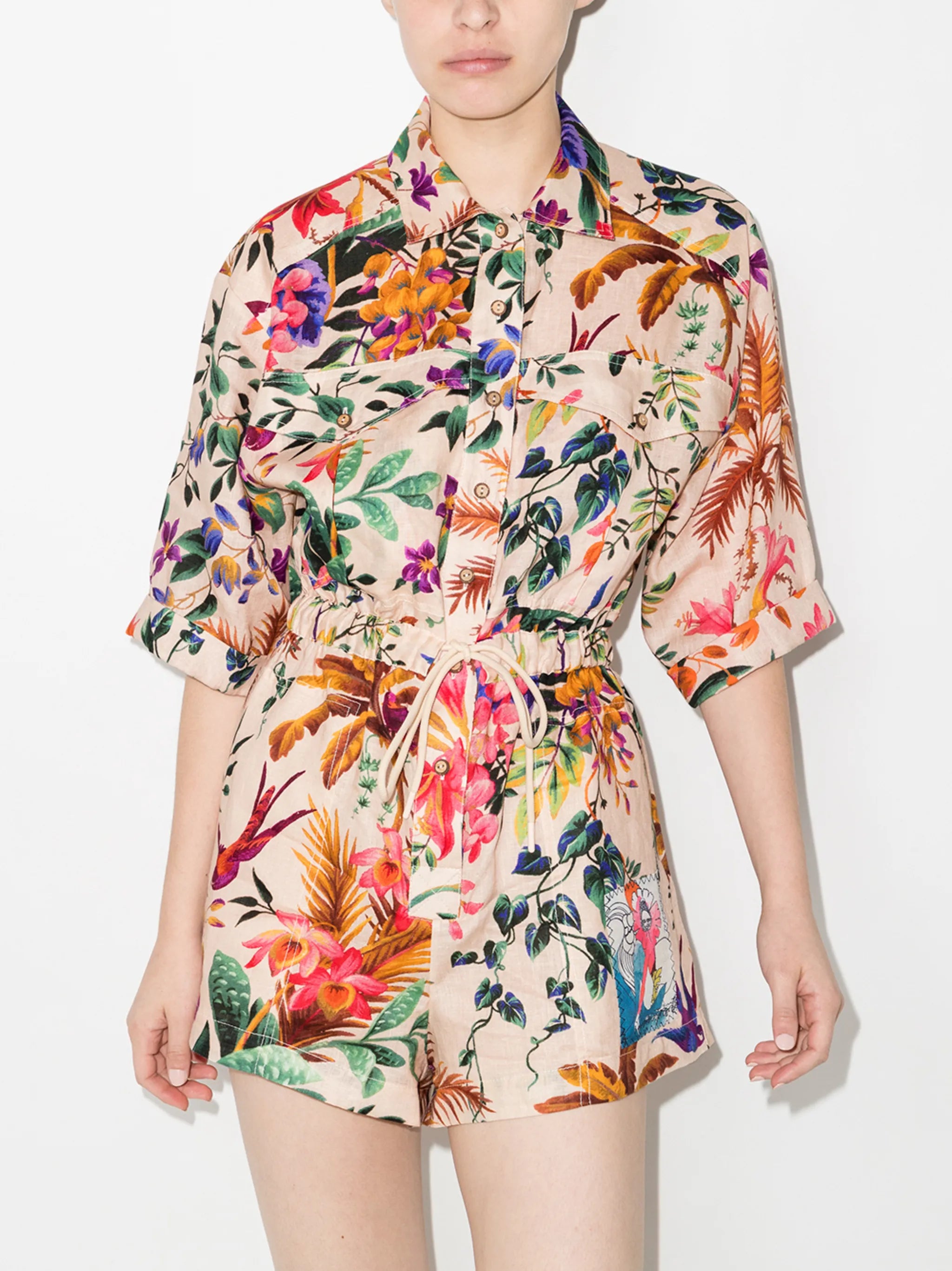 Tropicana floral-print linen playsuit