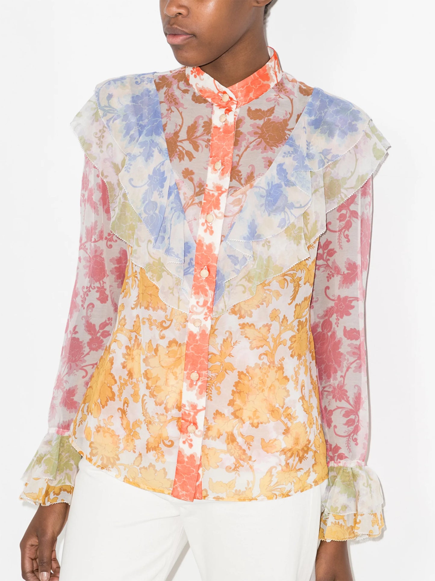 Postcard print flared cuffs blouse