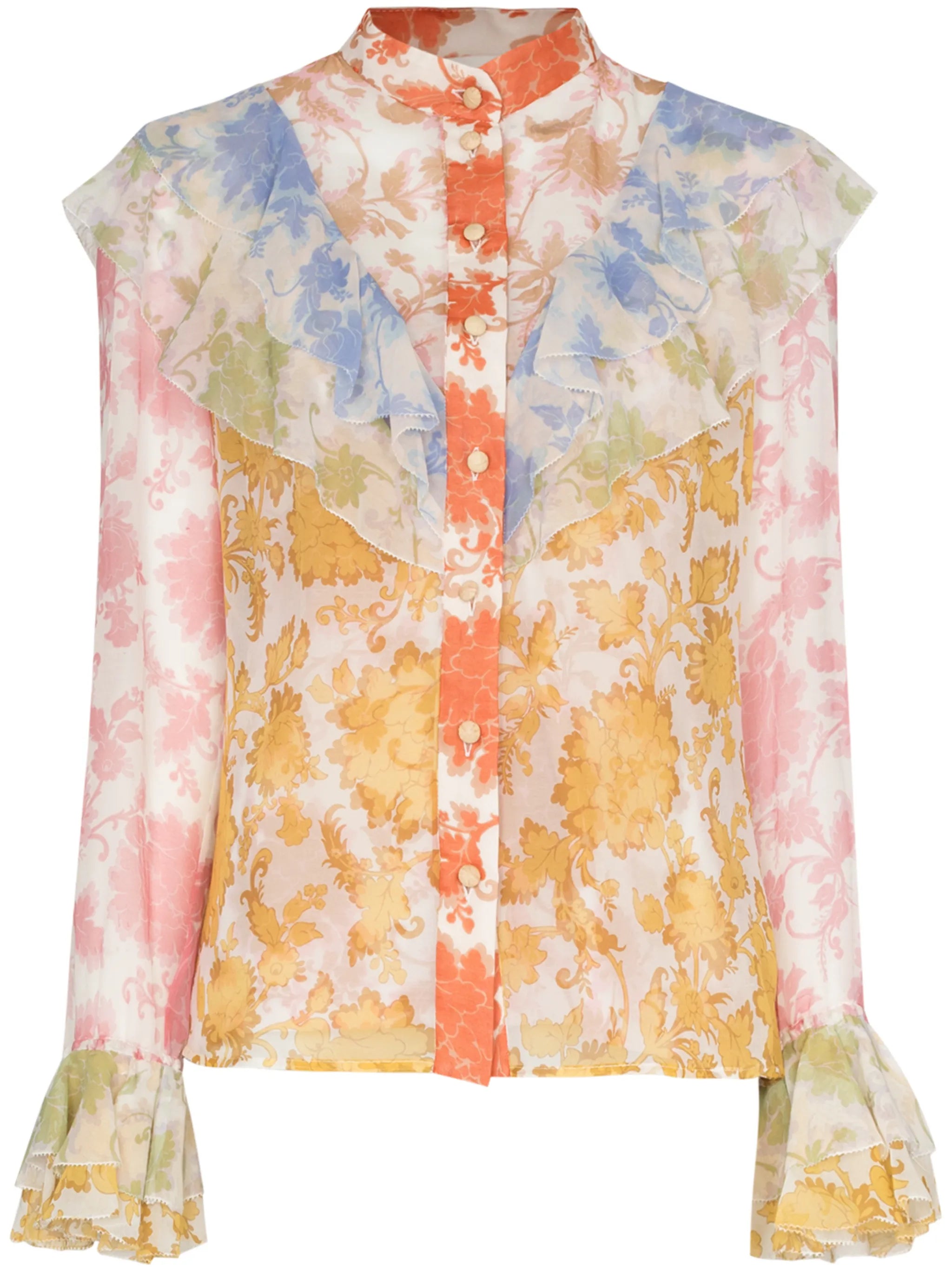 Postcard print flared cuffs blouse