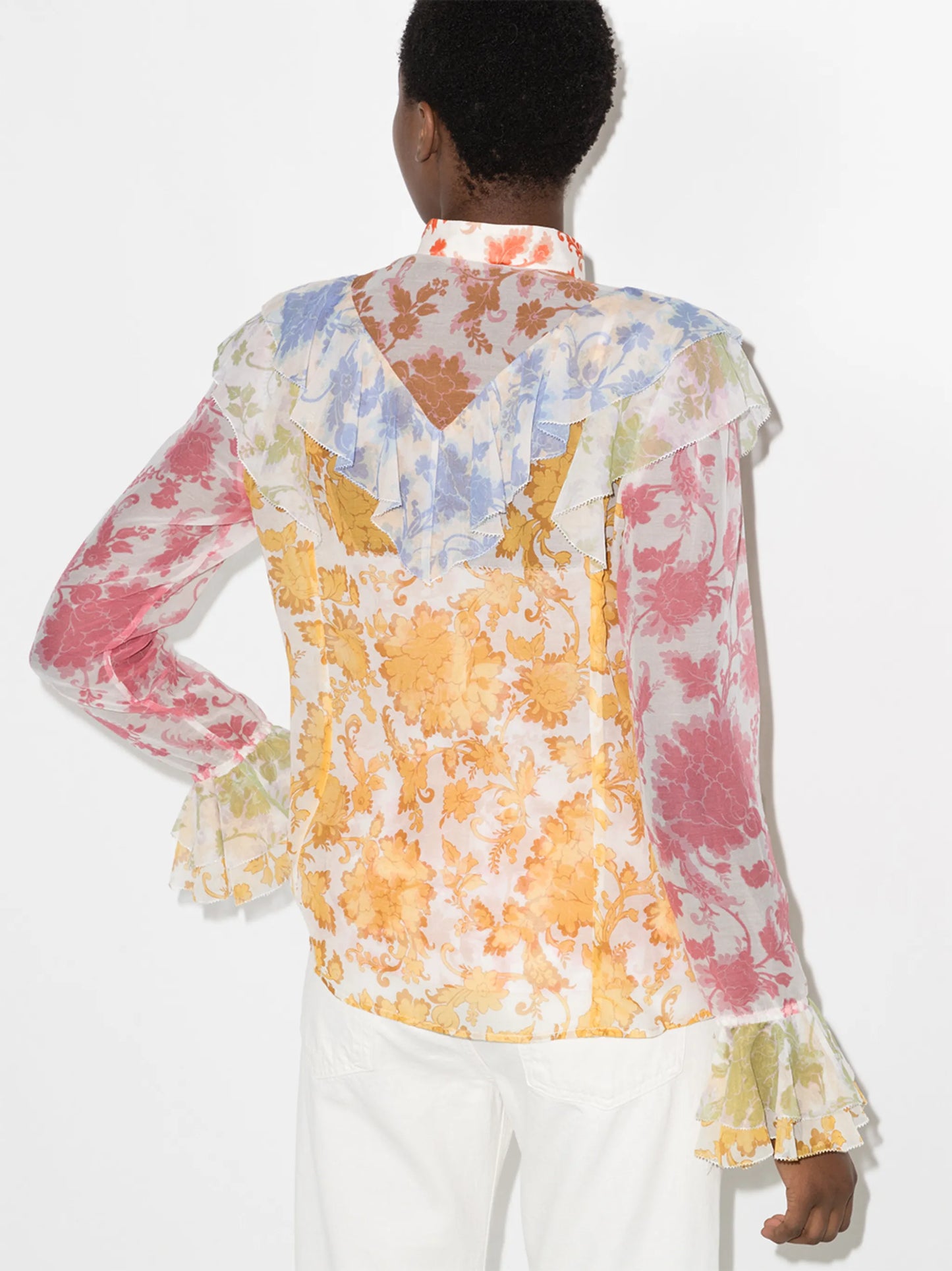 Postcard print flared cuffs blouse