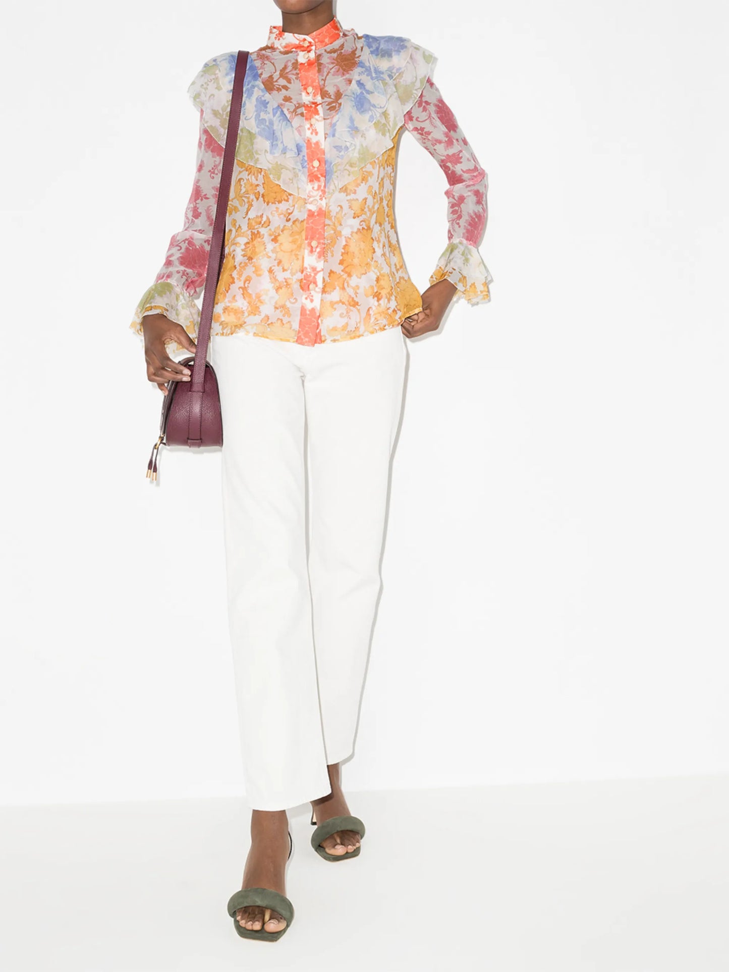 Postcard print flared cuffs blouse