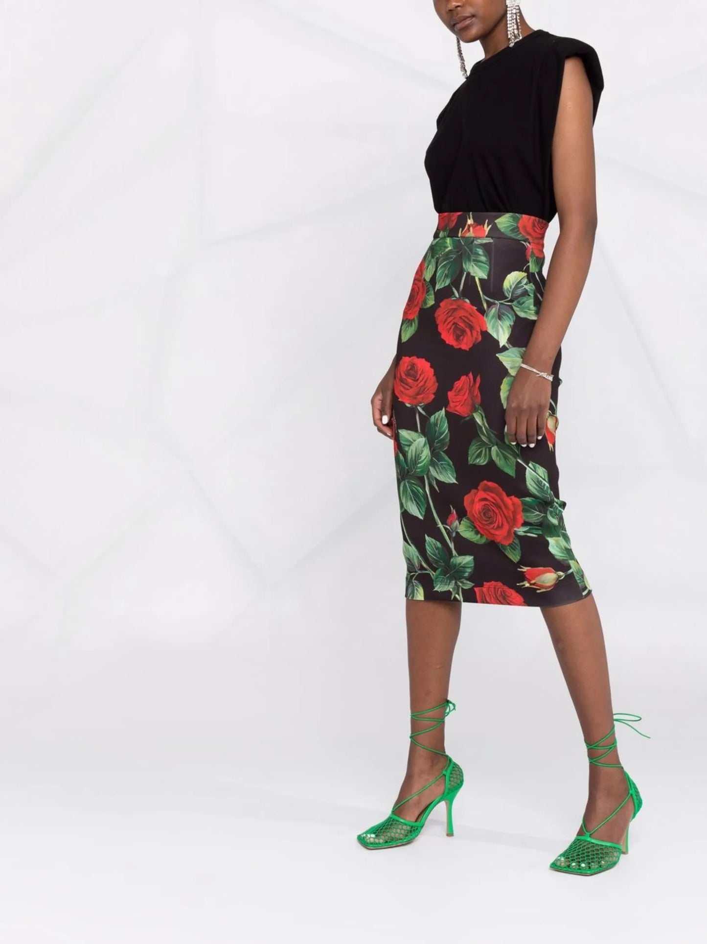 rose-print high-waisted pencil skirt