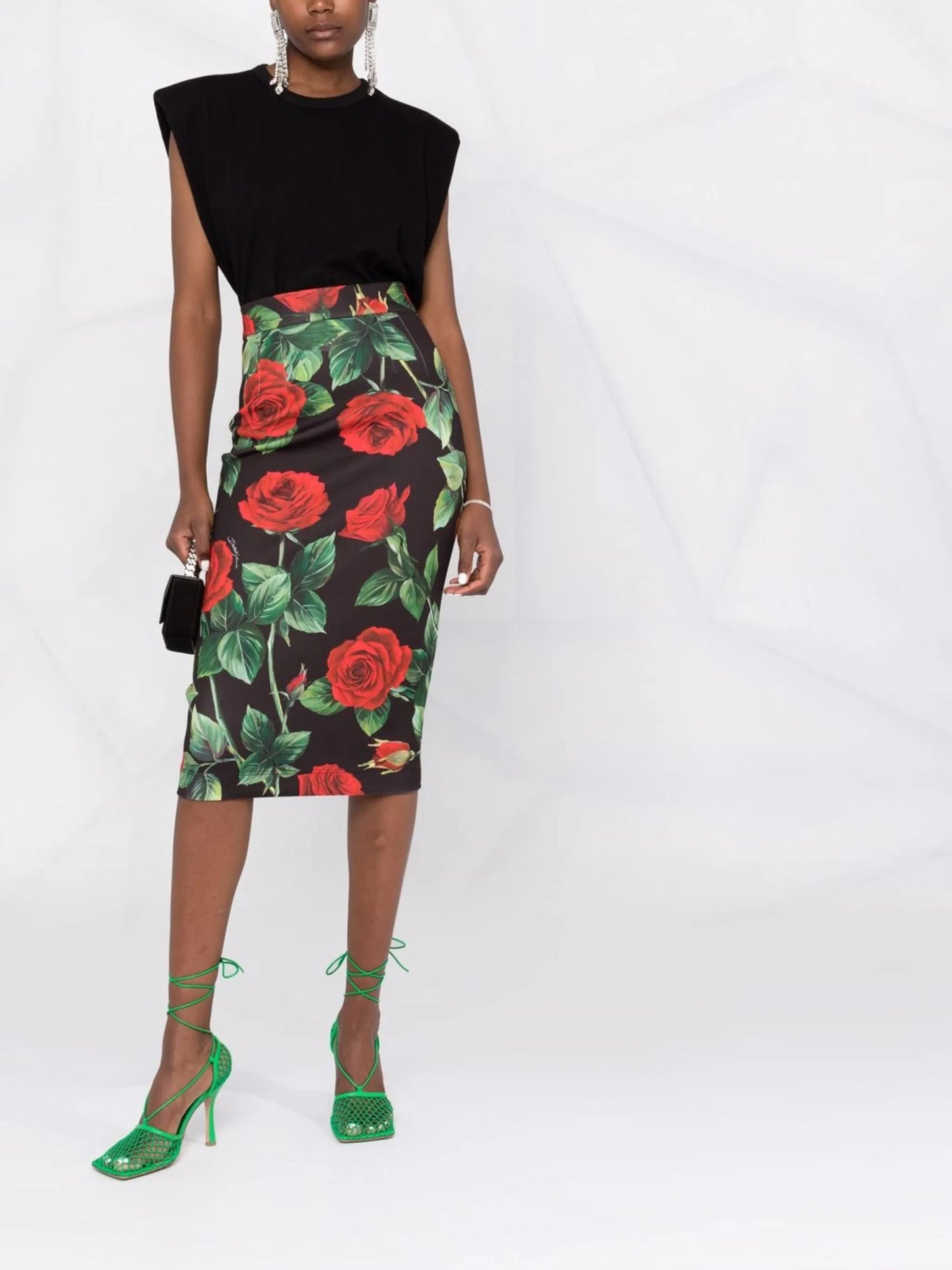 rose-print high-waisted pencil skirt