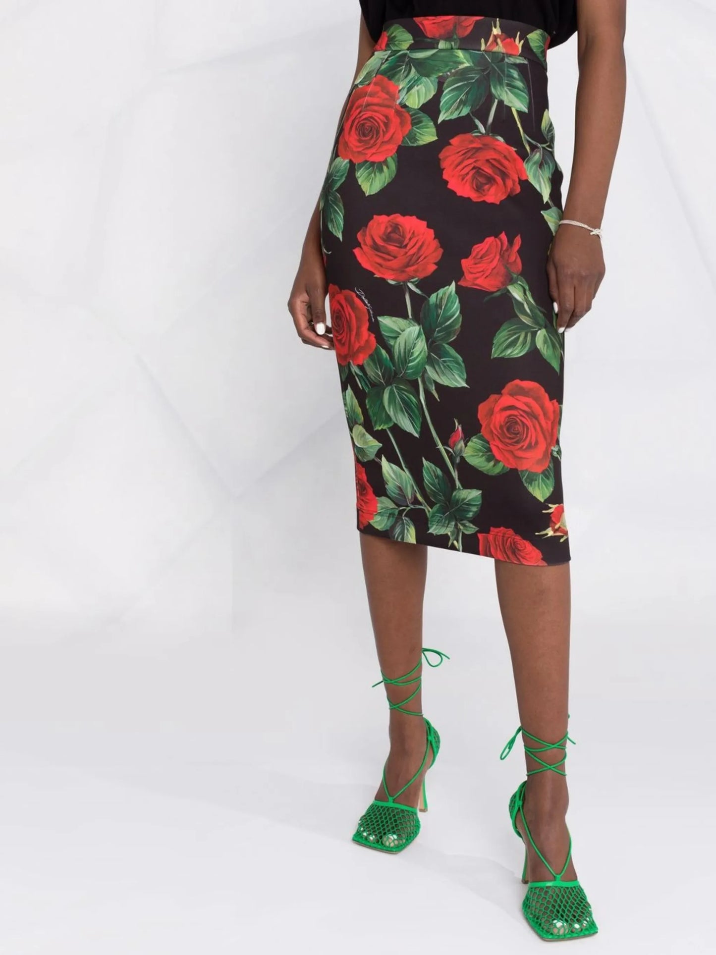 rose-print high-waisted pencil skirt
