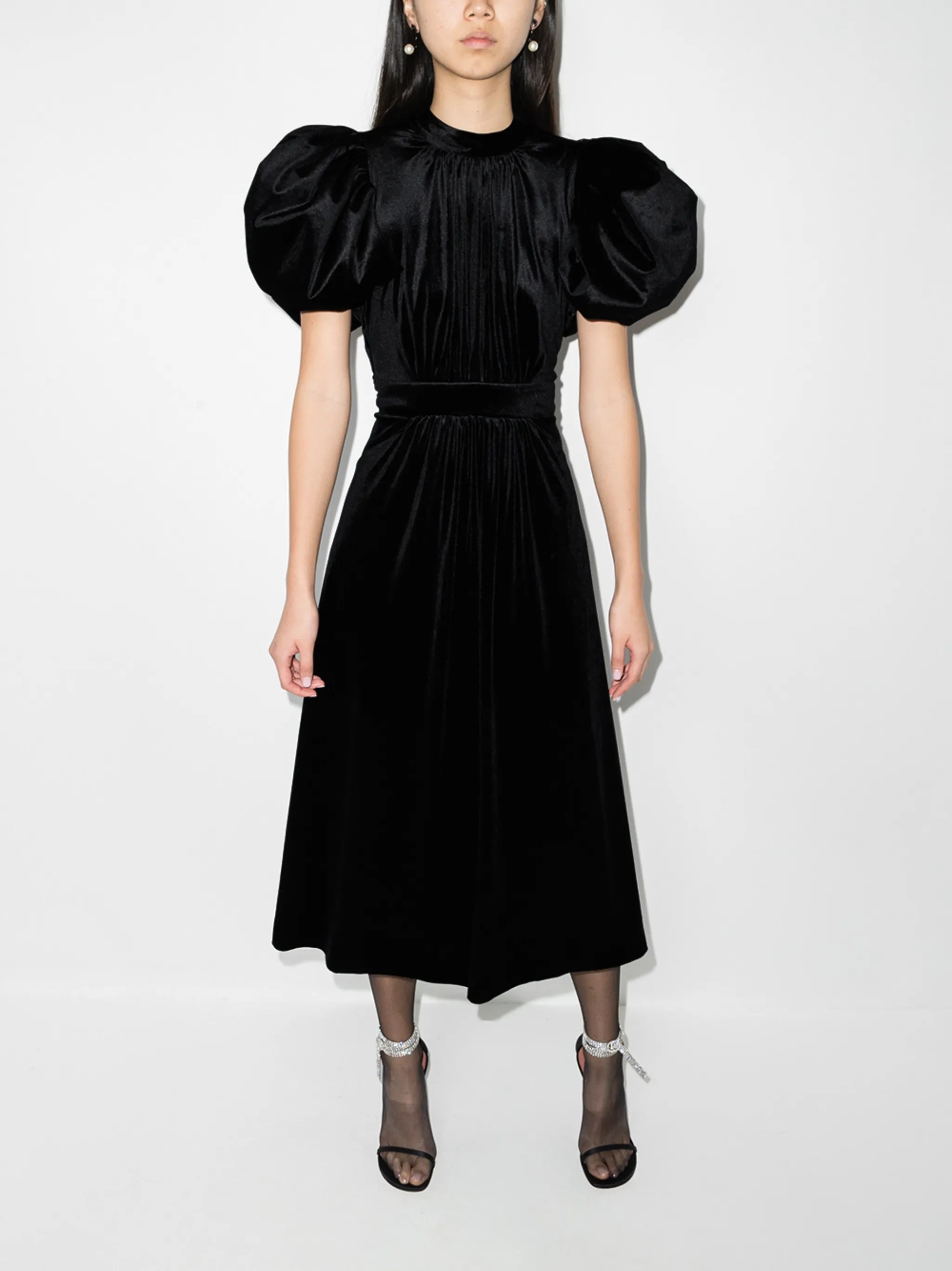 Noon puff-sleeve velvet-effect dress