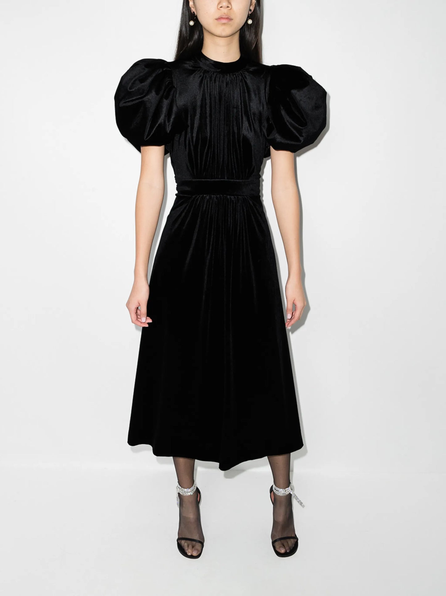 Noon puff-sleeve velvet-effect dress