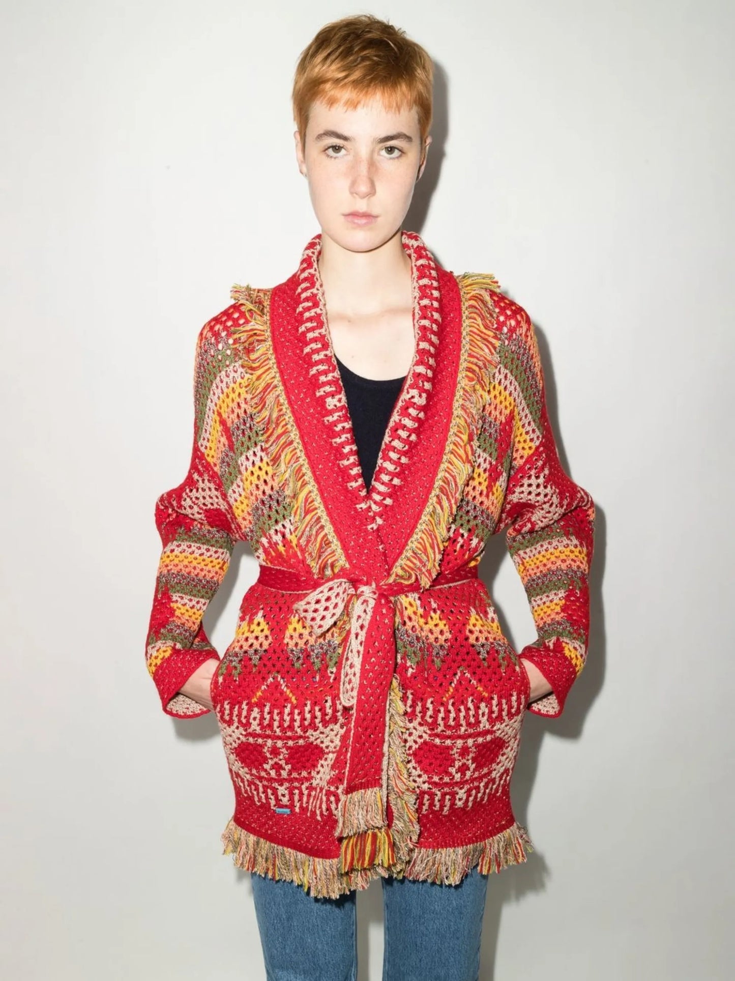 intarsia belted cardigan