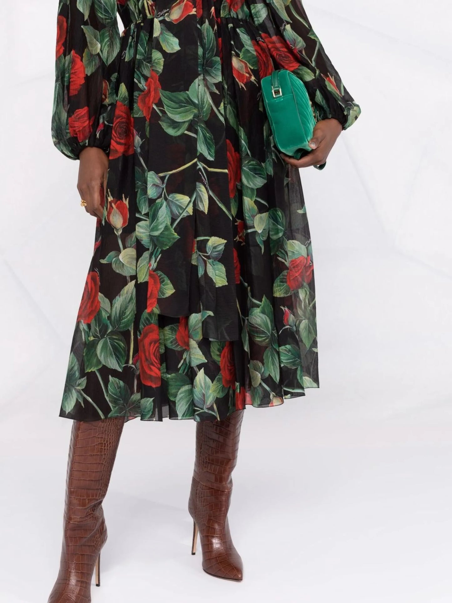 rose print flared chiffon dress