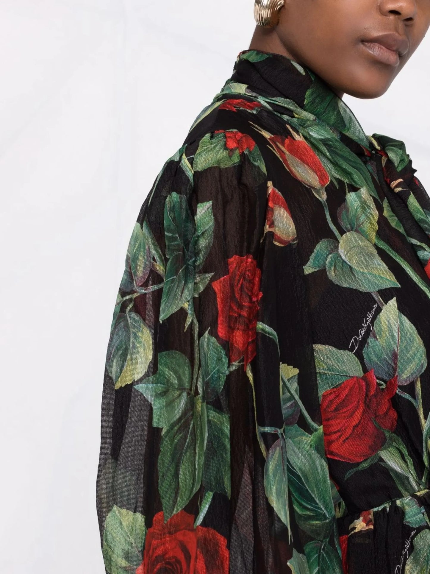 rose print flared chiffon dress