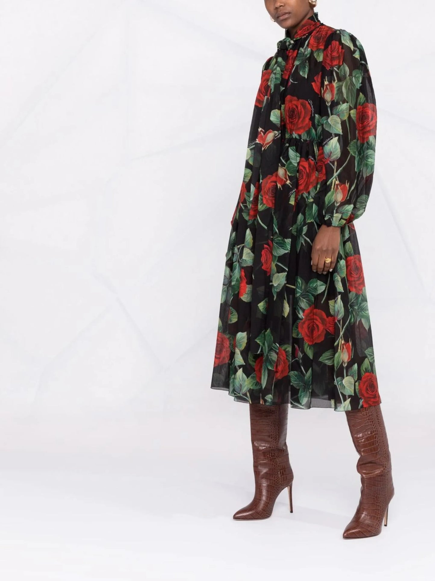 rose print flared chiffon dress