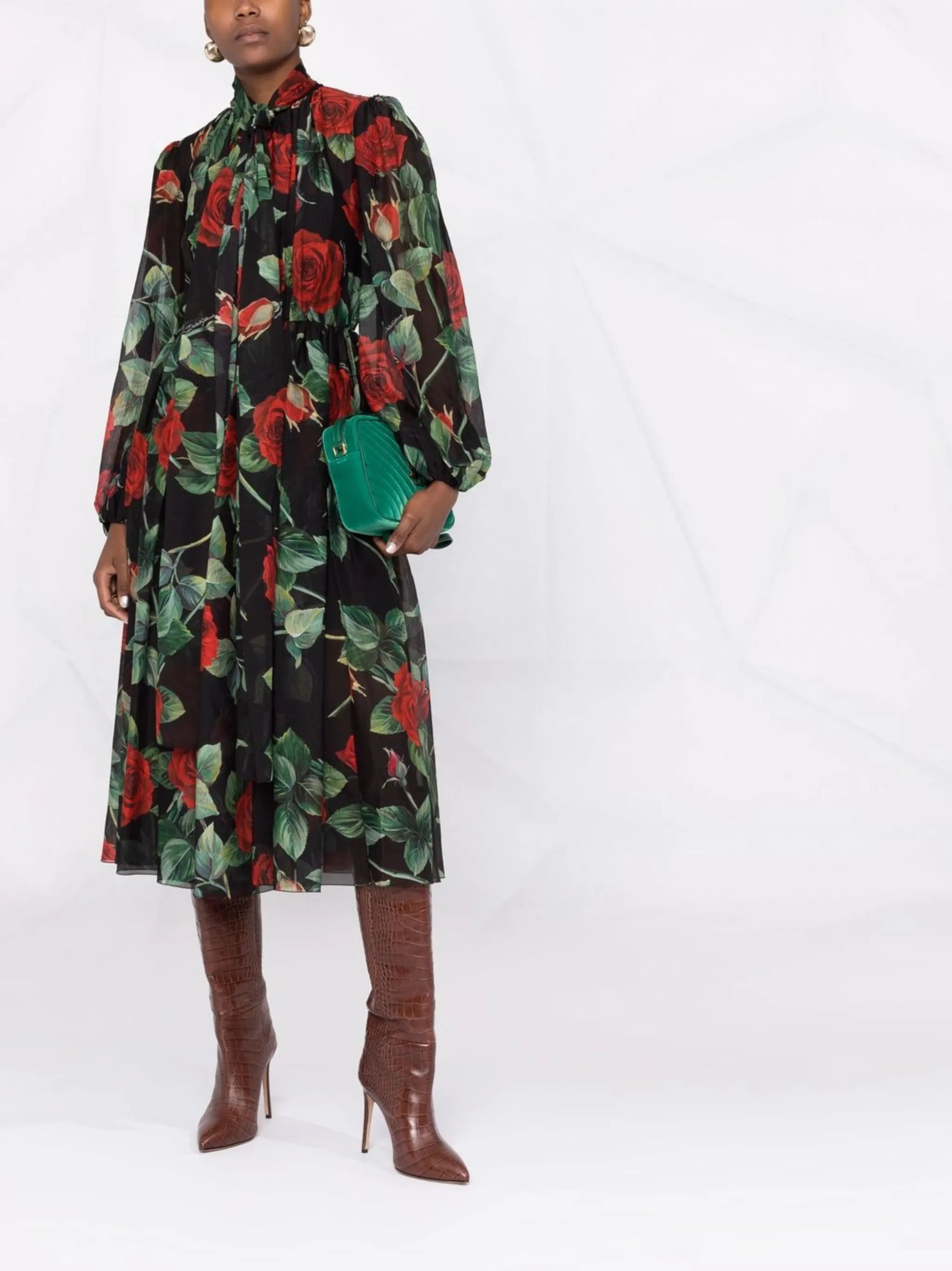 rose print flared chiffon dress