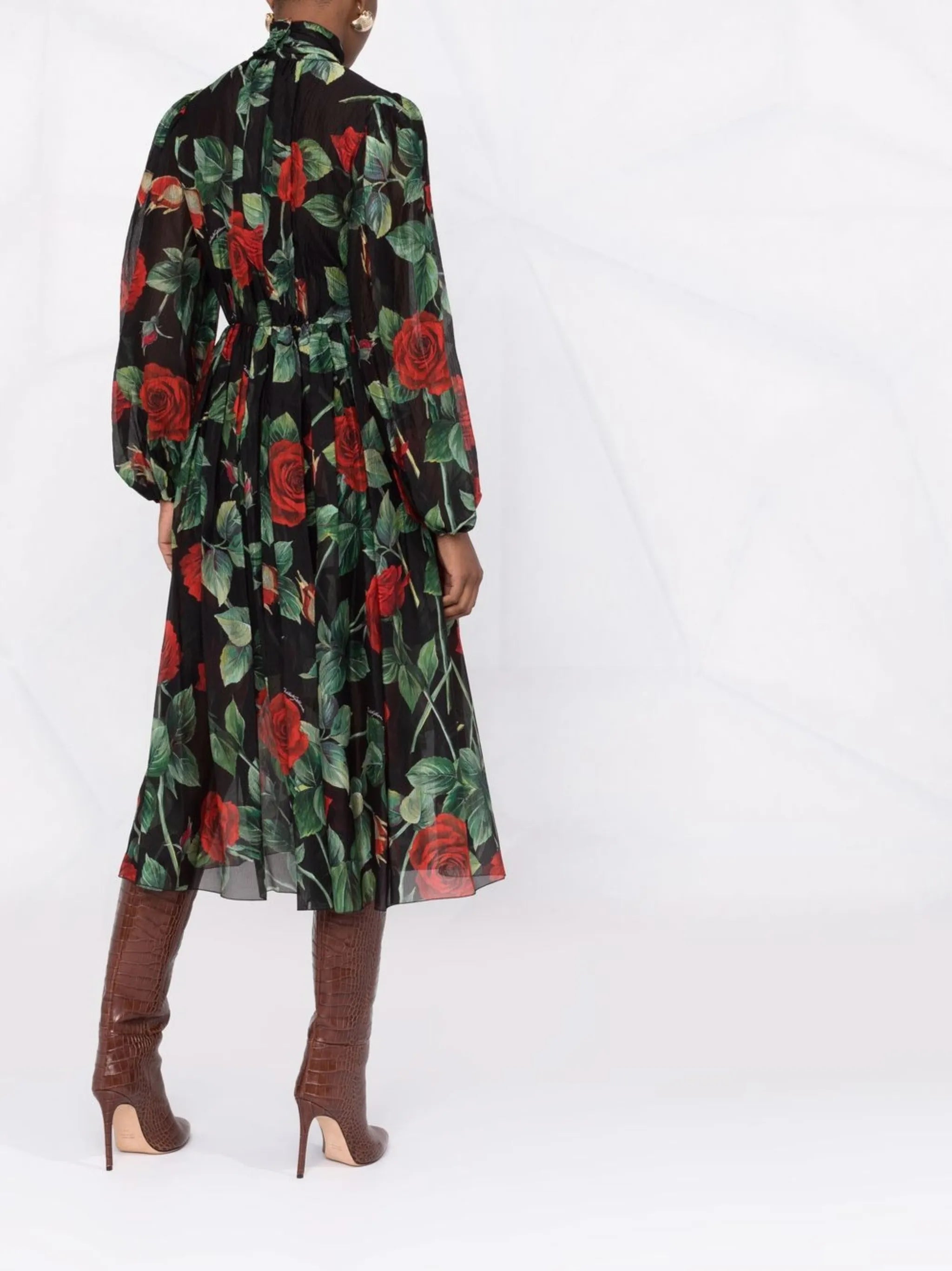 rose print flared chiffon dress