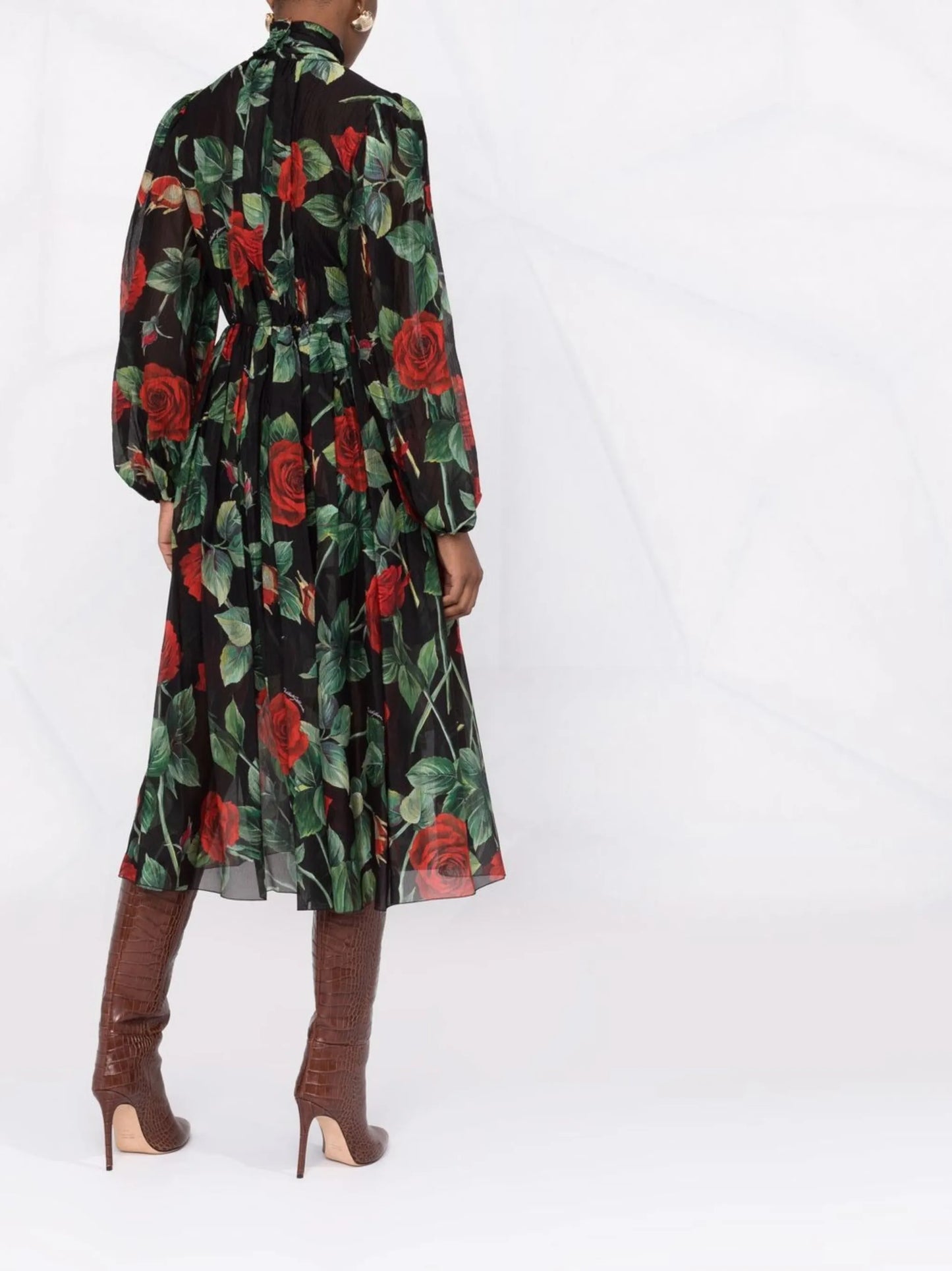 rose print flared chiffon dress