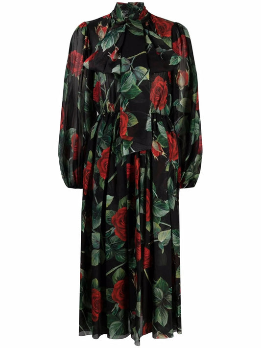 rose print flared chiffon dress
