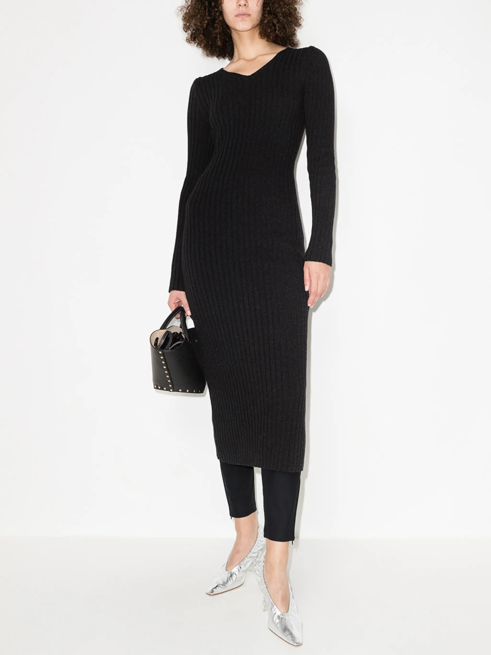 ribbed V-neck midi dress