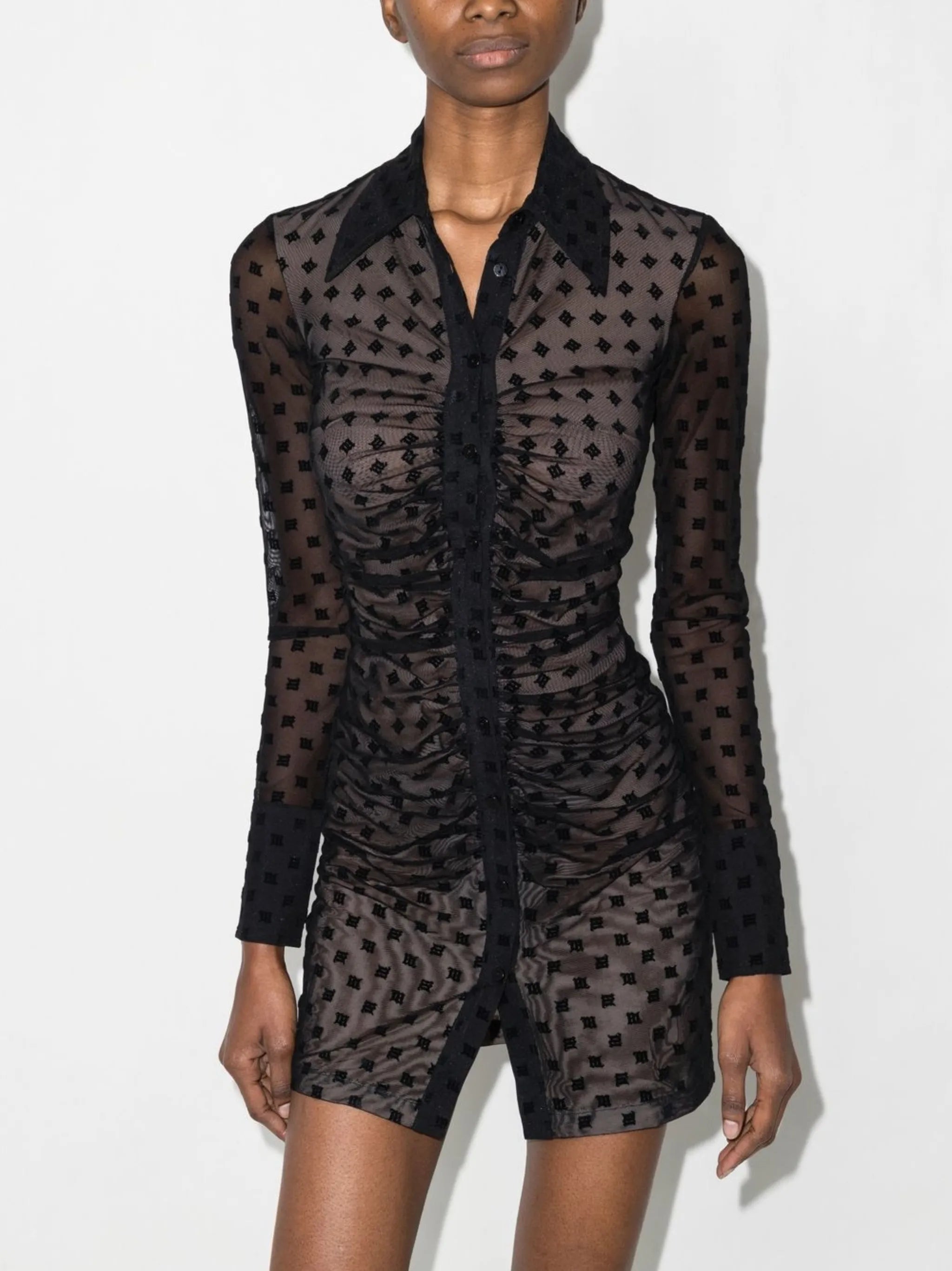 monogram ruched mini shirt dress