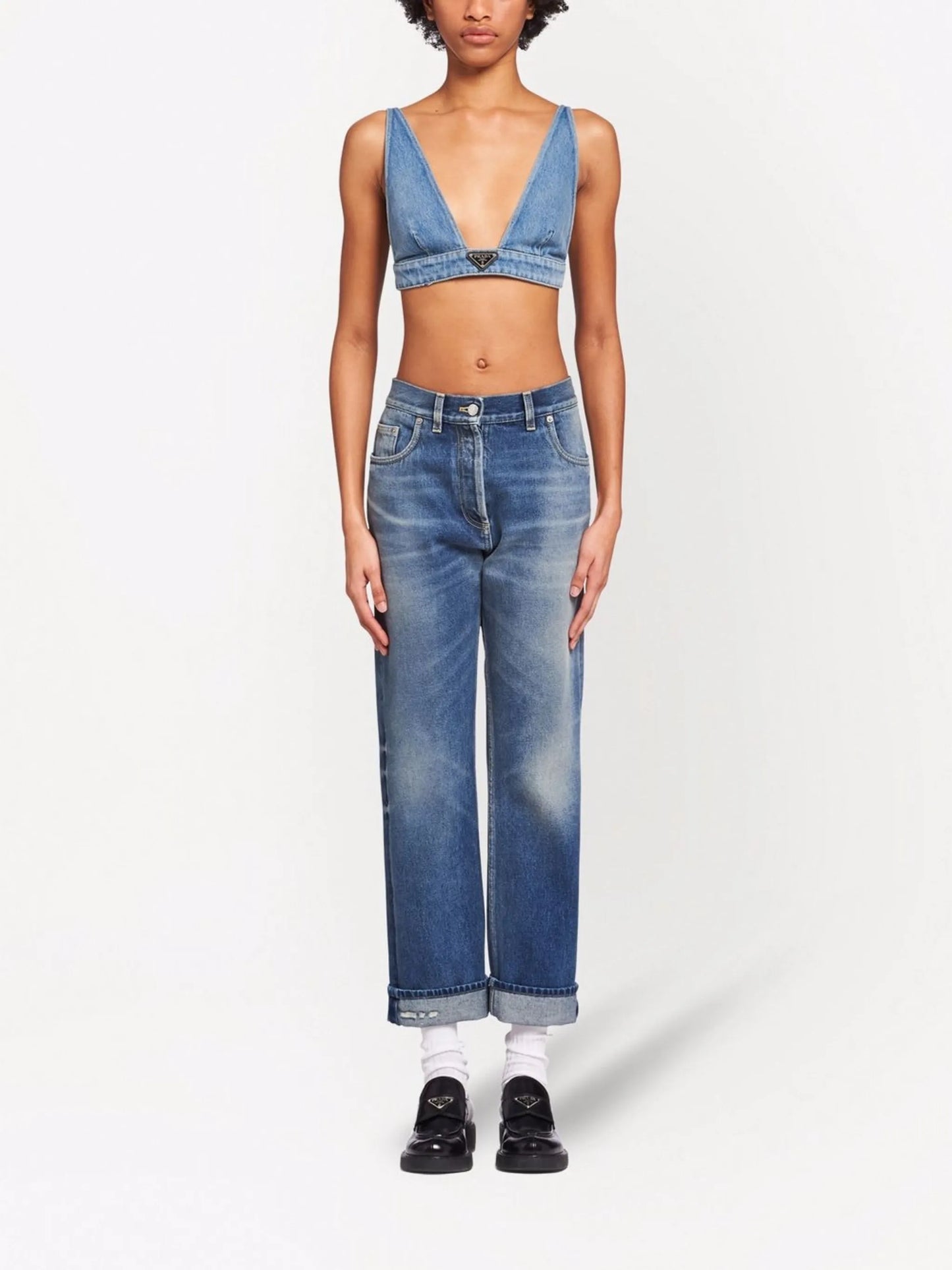 triangle-logo denim bralette