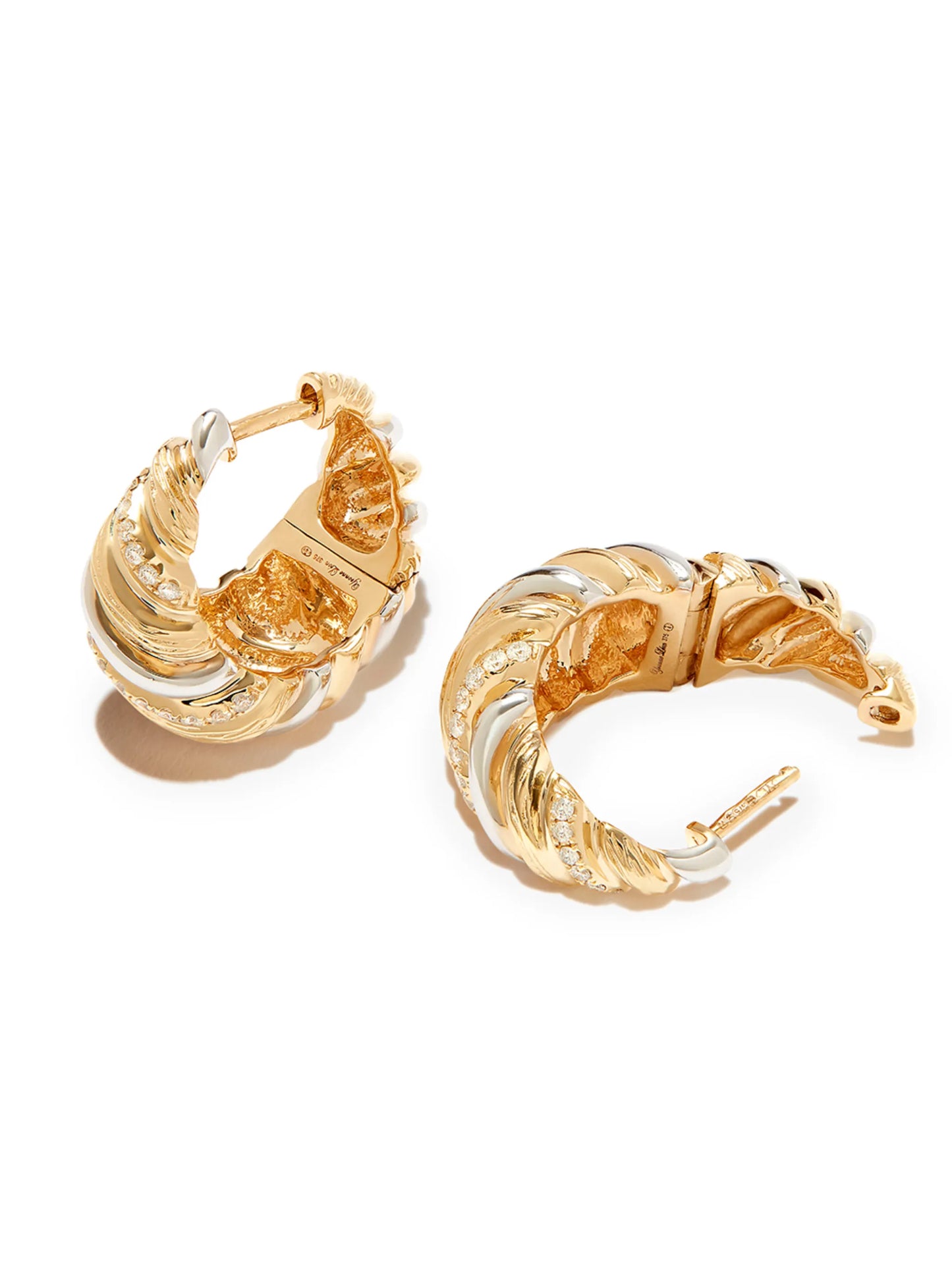 9kt yellow and white gold Gaufrette diamond hoop earrings