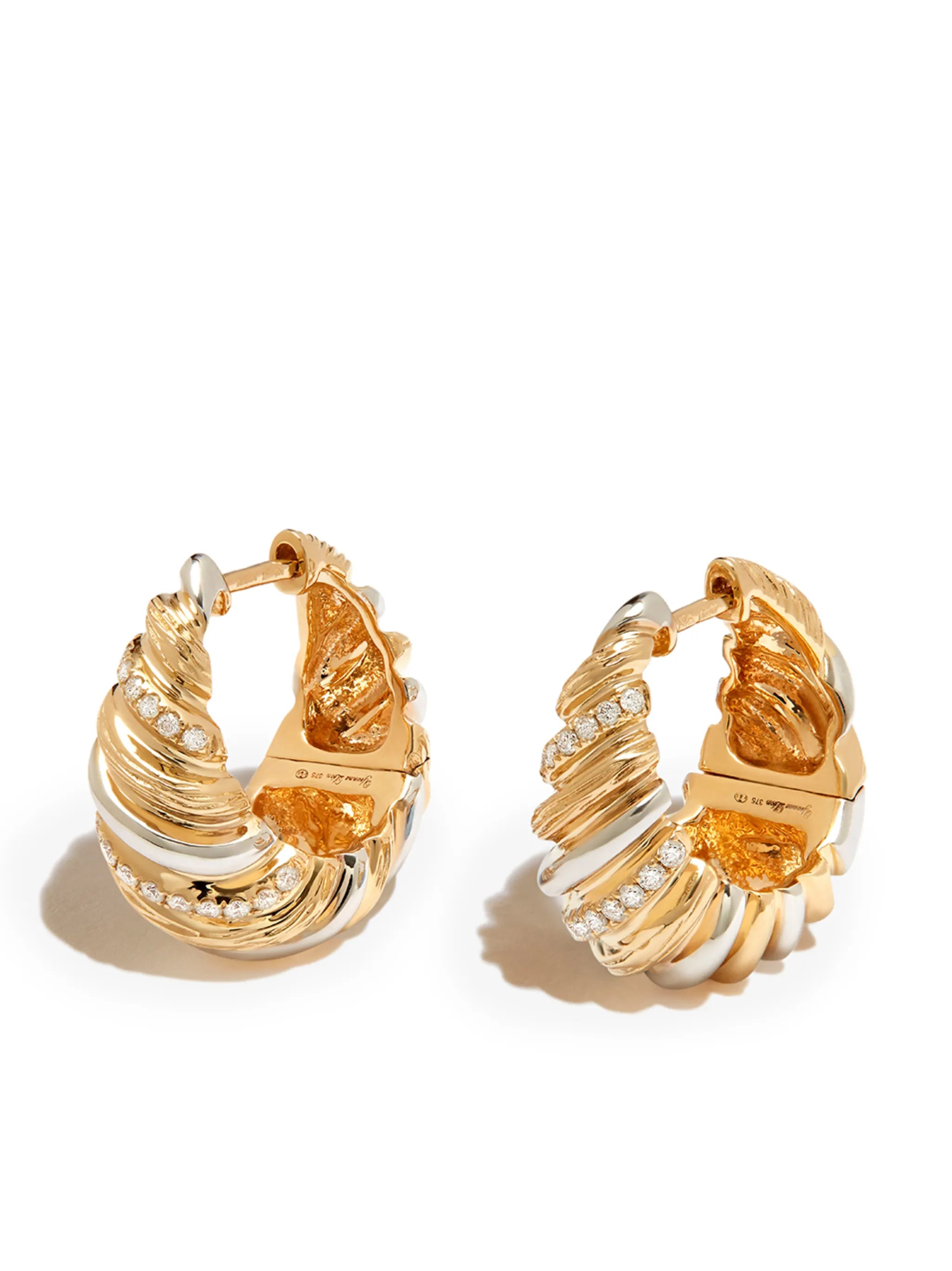 9kt yellow and white gold Gaufrette diamond hoop earrings