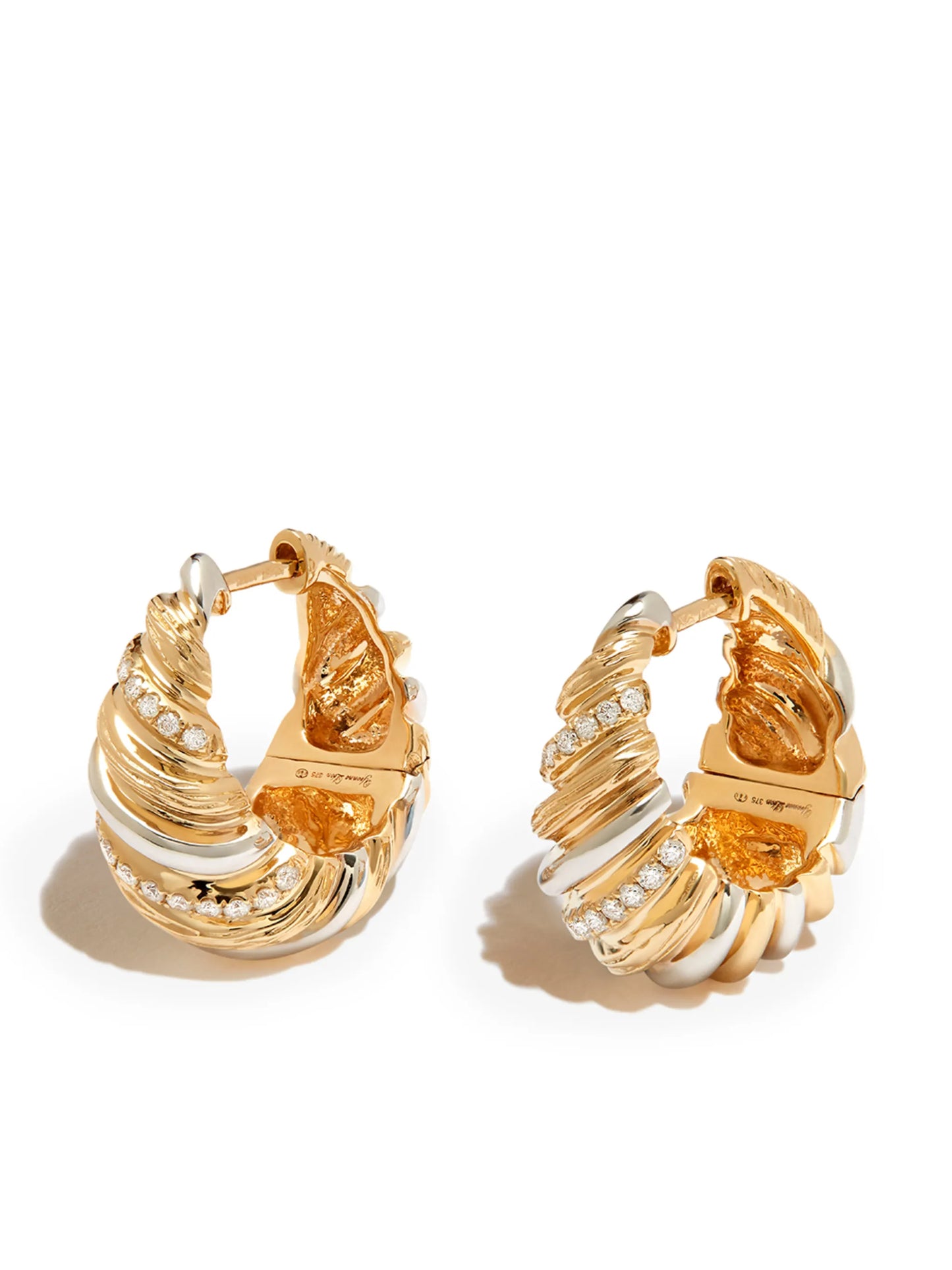 9kt yellow and white gold Gaufrette diamond hoop earrings