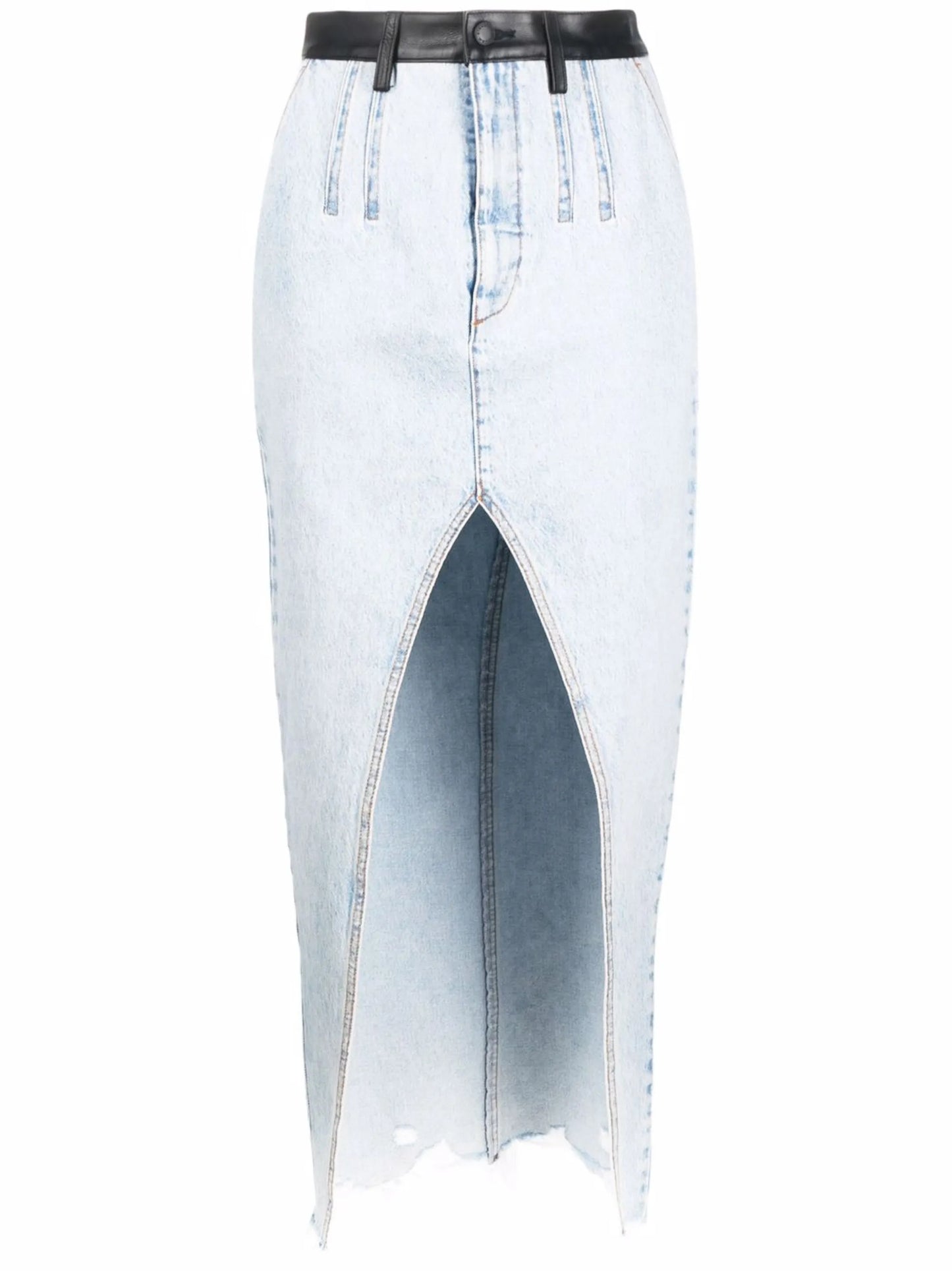 leather-trim high-split denim skirt