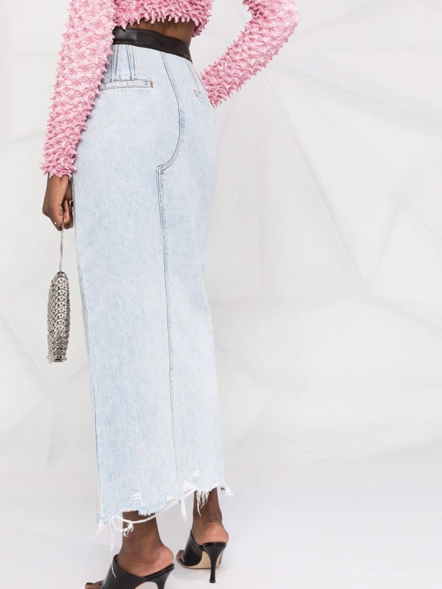 leather-trim high-split denim skirt