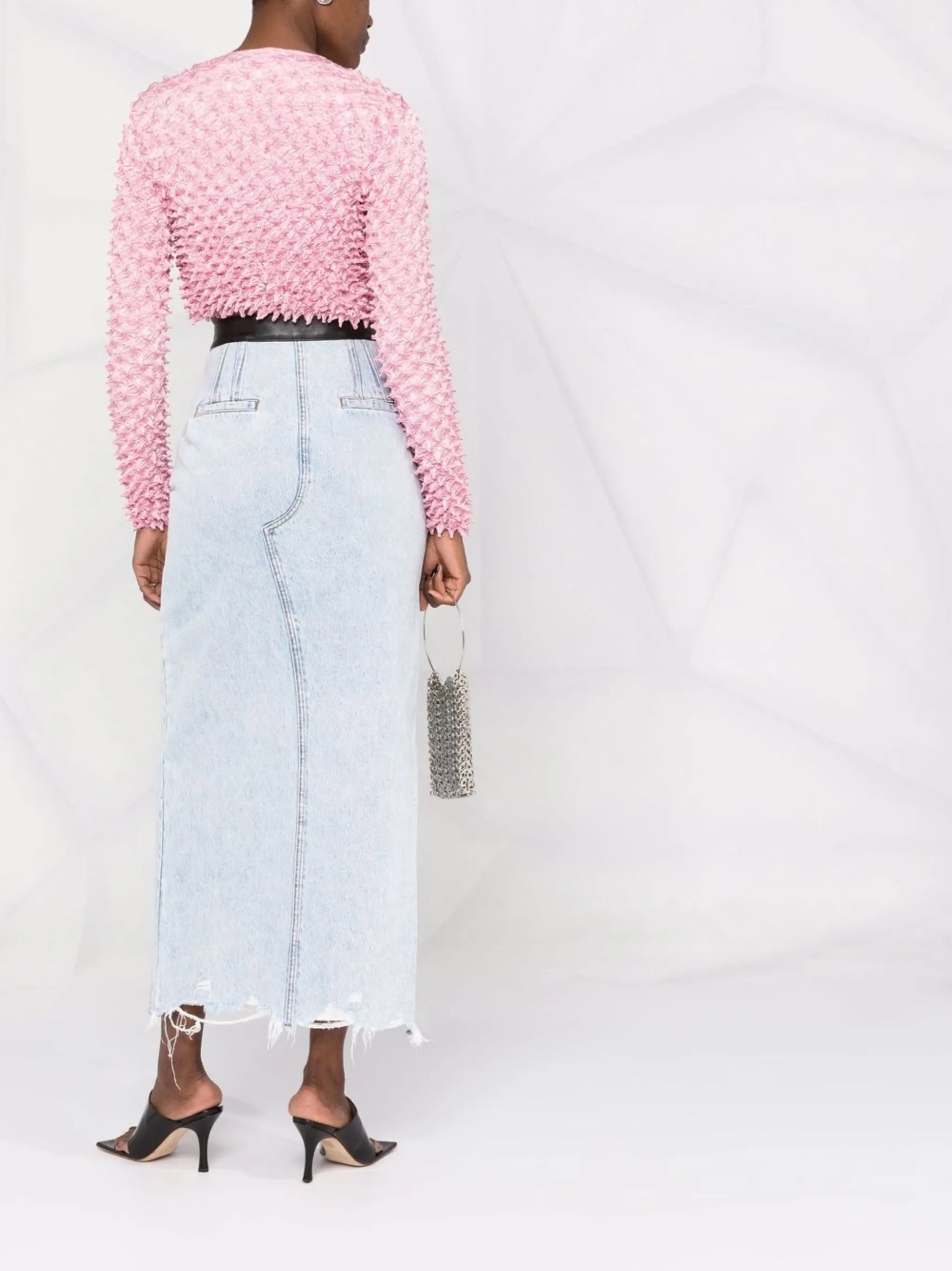 leather-trim high-split denim skirt