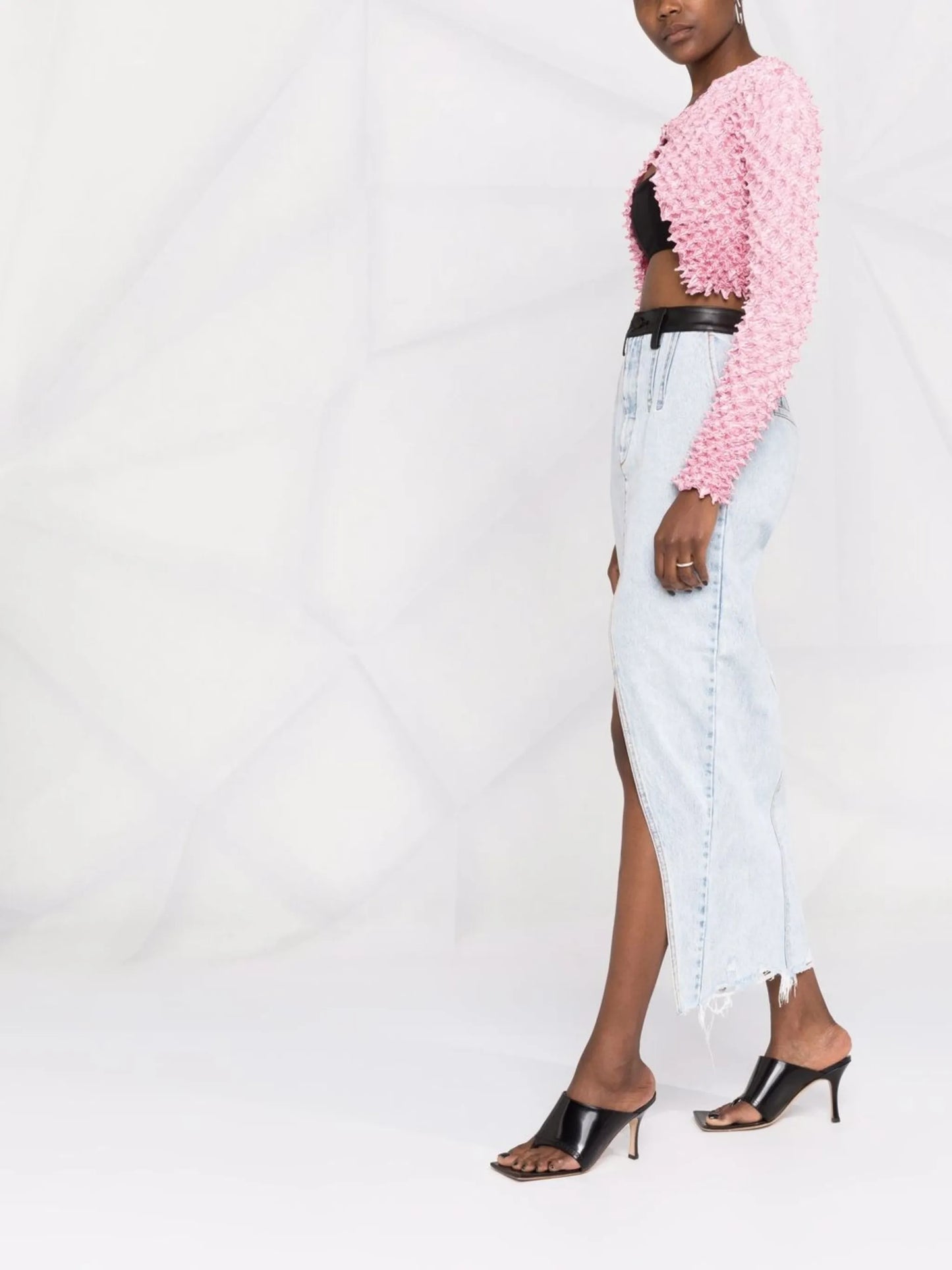 leather-trim high-split denim skirt